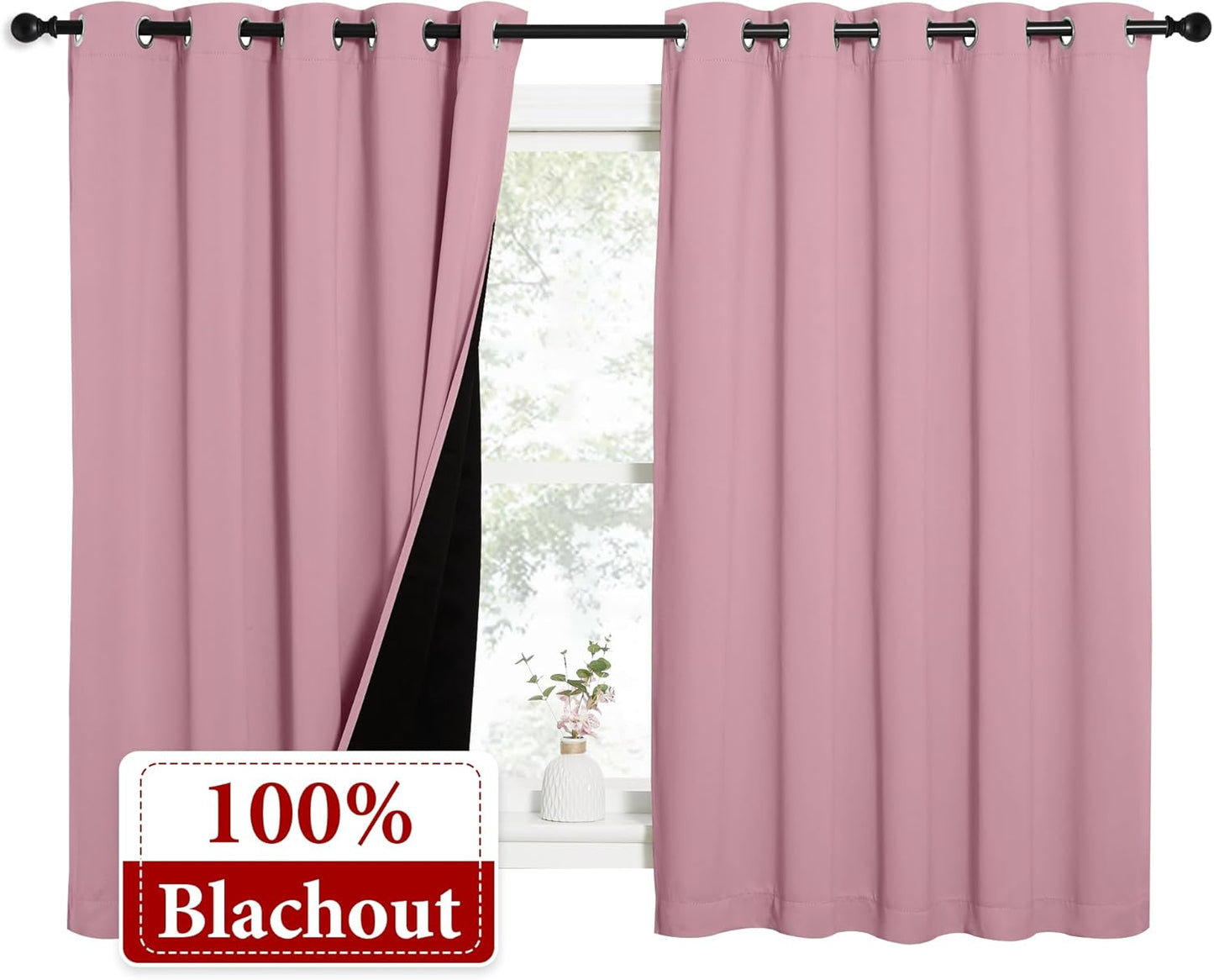 NICETOWN 100% Blackout Curtains with Black Liners, Thermal Insulated Full Blackout 2-Layer Lined Drapes, Energy Efficiency Window Draperies for Bedroom (Crystal Pink, 2 Panels, 62-inch W by 63-inch L)