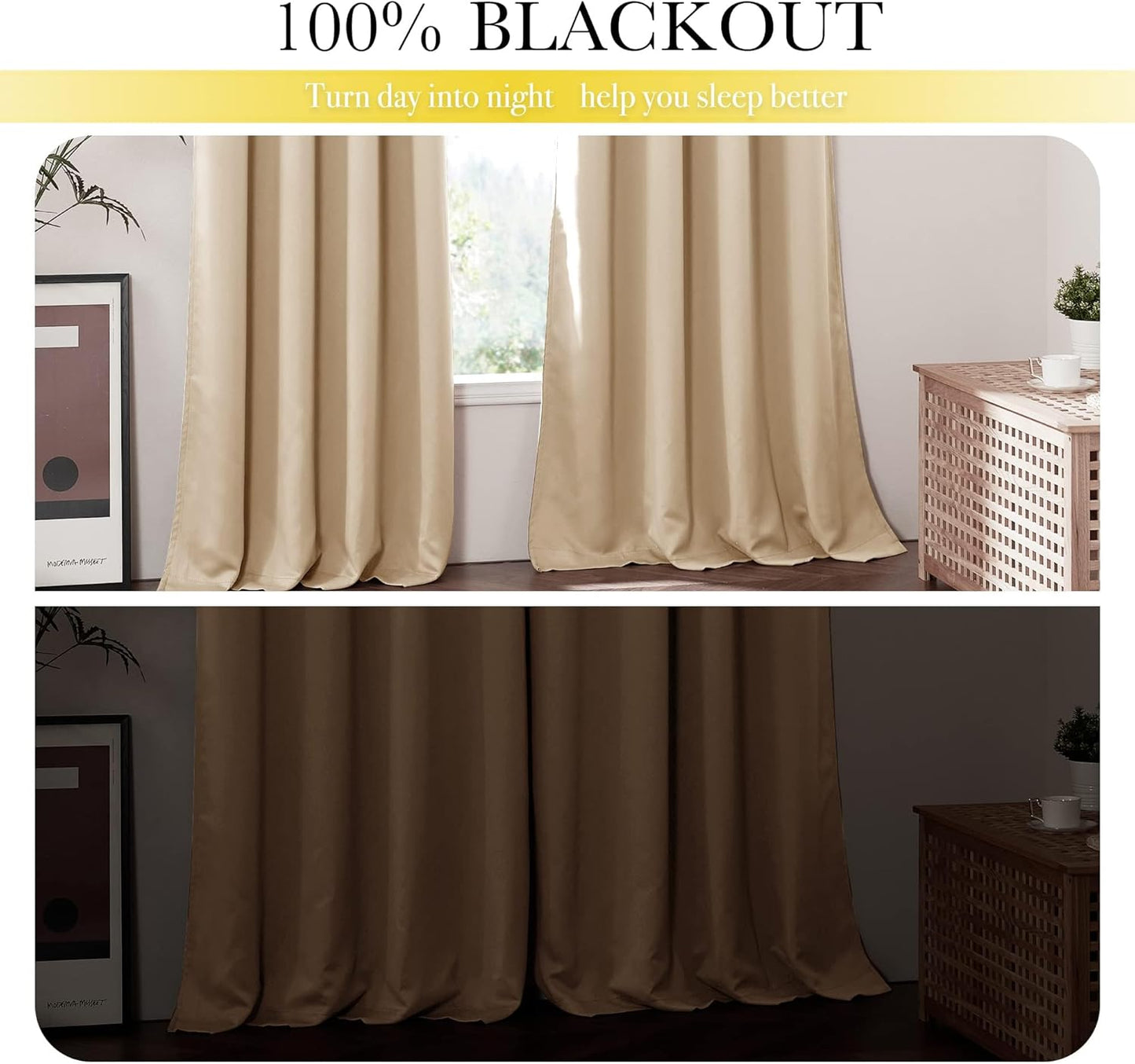 NICETOWN Bedroom Full Blackout Curtain Panels, Super Thick Insulated Window Covers, Complete Blackout Draperies with Liner for Short Window(Warm Beige, Set of 2 PCs, 52 by 63-inch)