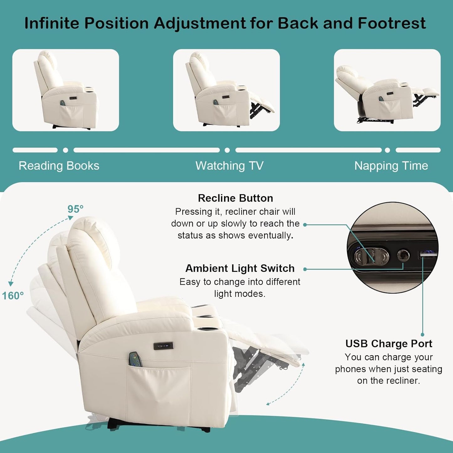 Power Recliner Chair with Heat and Massage for Adults - Home Theater Seating with LED Lights,Cup Holders,Side Pocket,USB Port - Recliner Sofa for Living Room (Beige, Set of 2)