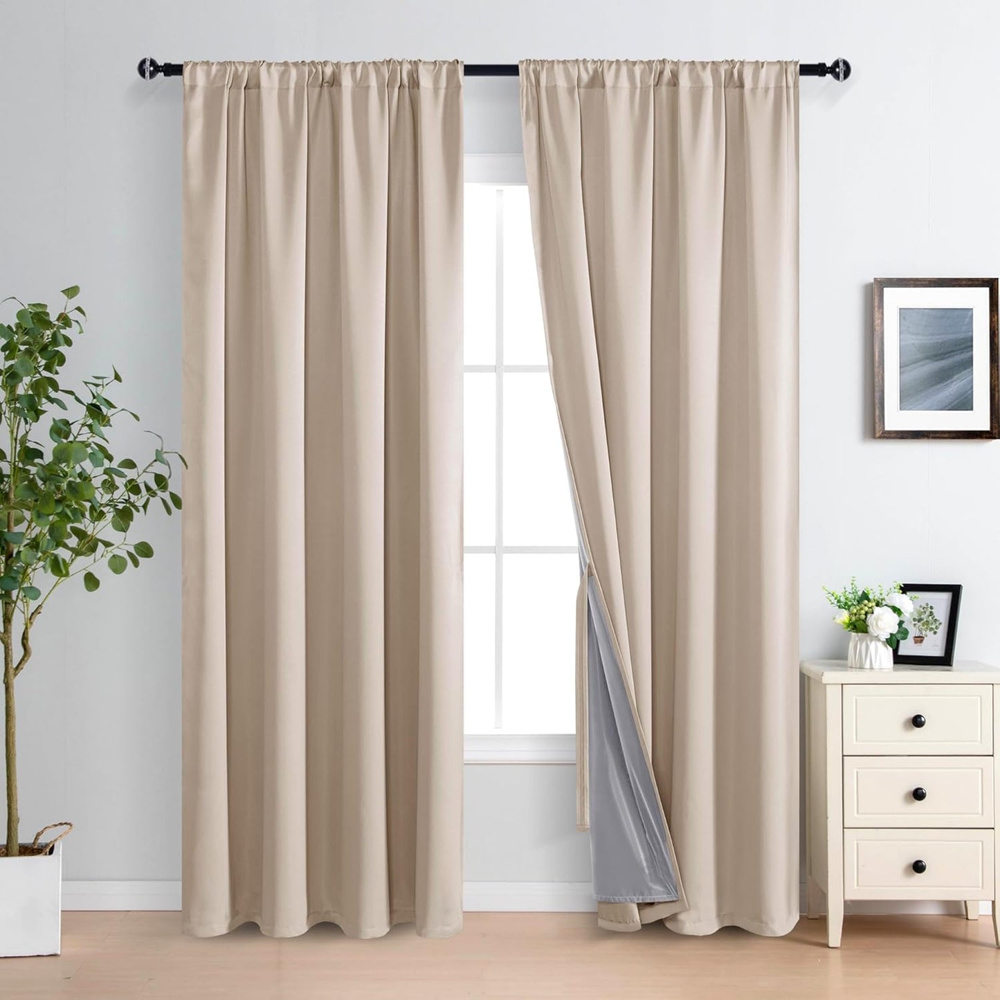 XWZO Full Blackout Curtains 84 Inches Long - Double Layer Full Room Darkening & Energy Efficiency Rod Pocket Window Panels with Tiebacks for Bedroom/Living Room, Biscotti Beige, W52 x L84, Set of 2