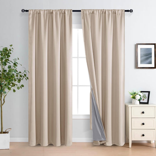XWZO Full Blackout Curtains 84 Inches Long - Double Layer Full Room Darkening & Energy Efficiency Rod Pocket Window Panels with Tiebacks for Bedroom/Living Room, Biscotti Beige, W52 x L84, Set of 2