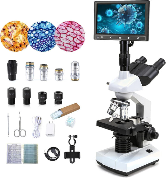 40X-5000X Compound trinocular Microscopes trinocular for Adults,Display Screen, Microscope Accessories, Microscopes for School Laboratory Home Education Abbe Condenser
