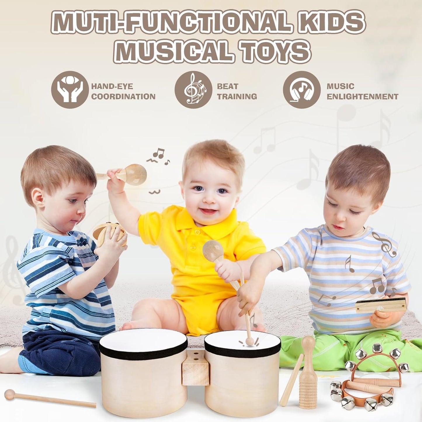 Vanplay Kids Drum Set - Toys for 2 3 Year Old Boy Gifts, Musical Instruments for Toddler 2-4, Birthday Gifts for 3 4 Year Old Girls, Wooden Montessori with Bongo Drum for Kids Age 2 3 4 5 6