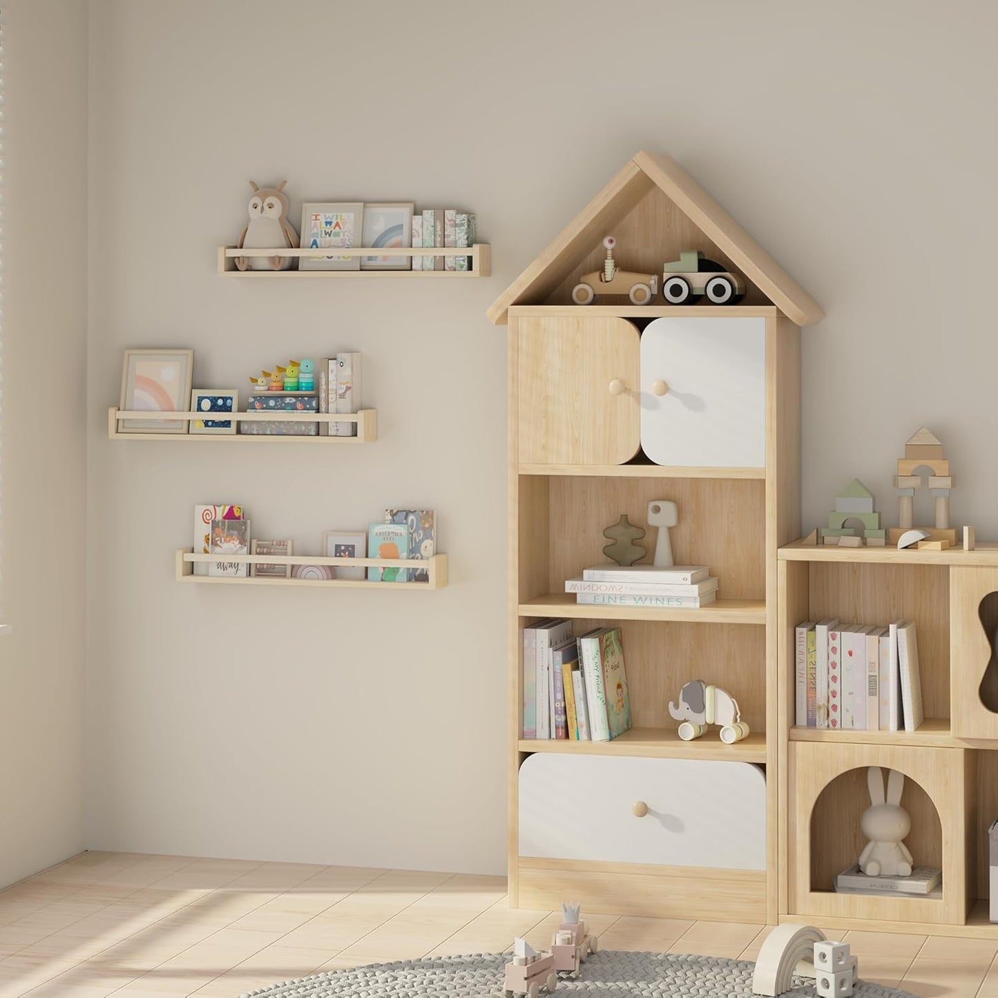 Heimlove Nursery Floating Shelves, Wood Nursery Book Shelves for Wall, 32 inch Wall Bookshelf for Kids Solid Wood Shelves for Books,Toys and Decor Storage, Set of 3