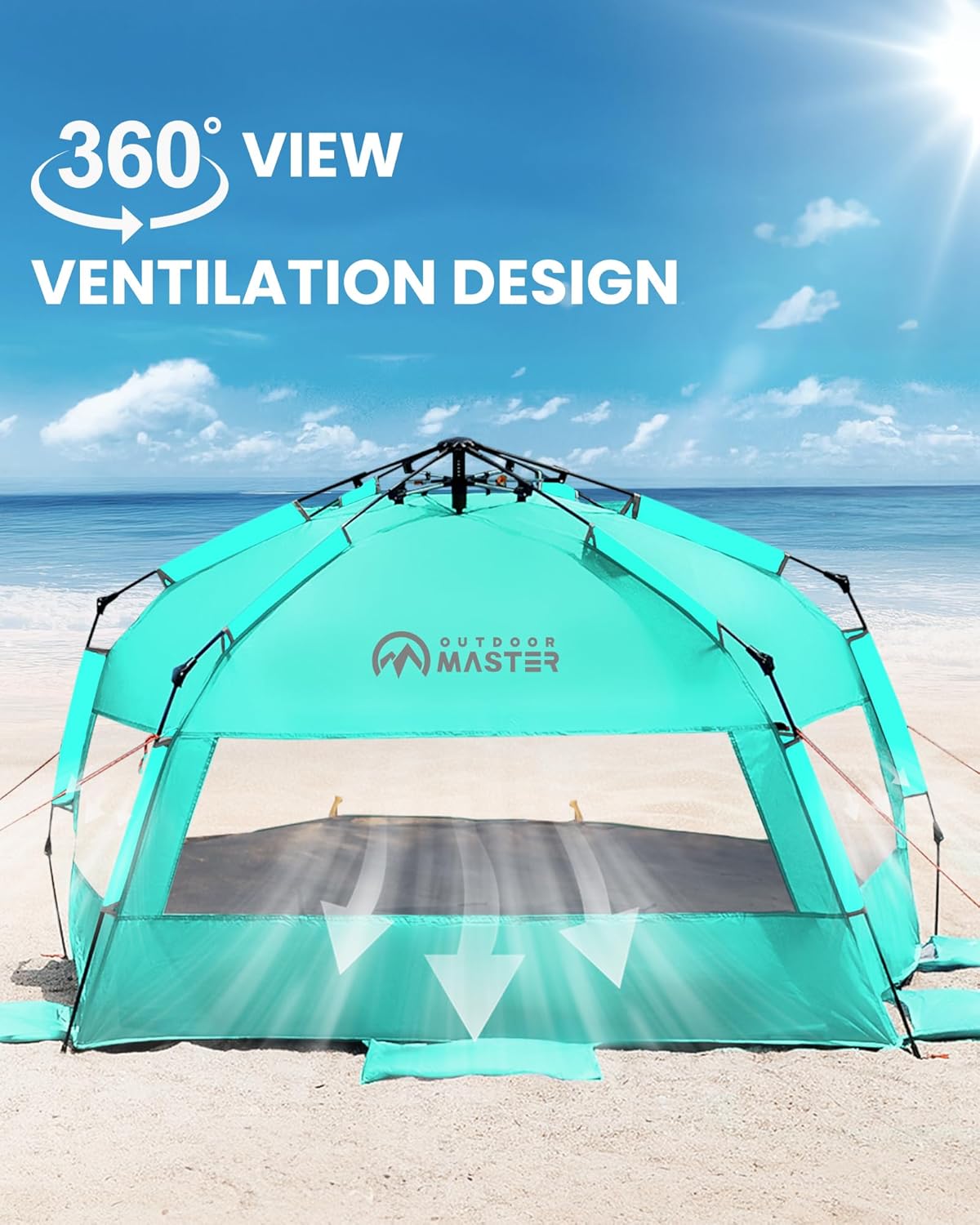 OutdoorMaster Beach Tent with Blackout Shelter Technology, Portable Beach Shade Sun Shelter Canopy for 4-6 Person with UPF 50+ UV Protection, Easy Setup Pop Up Tent Family Size