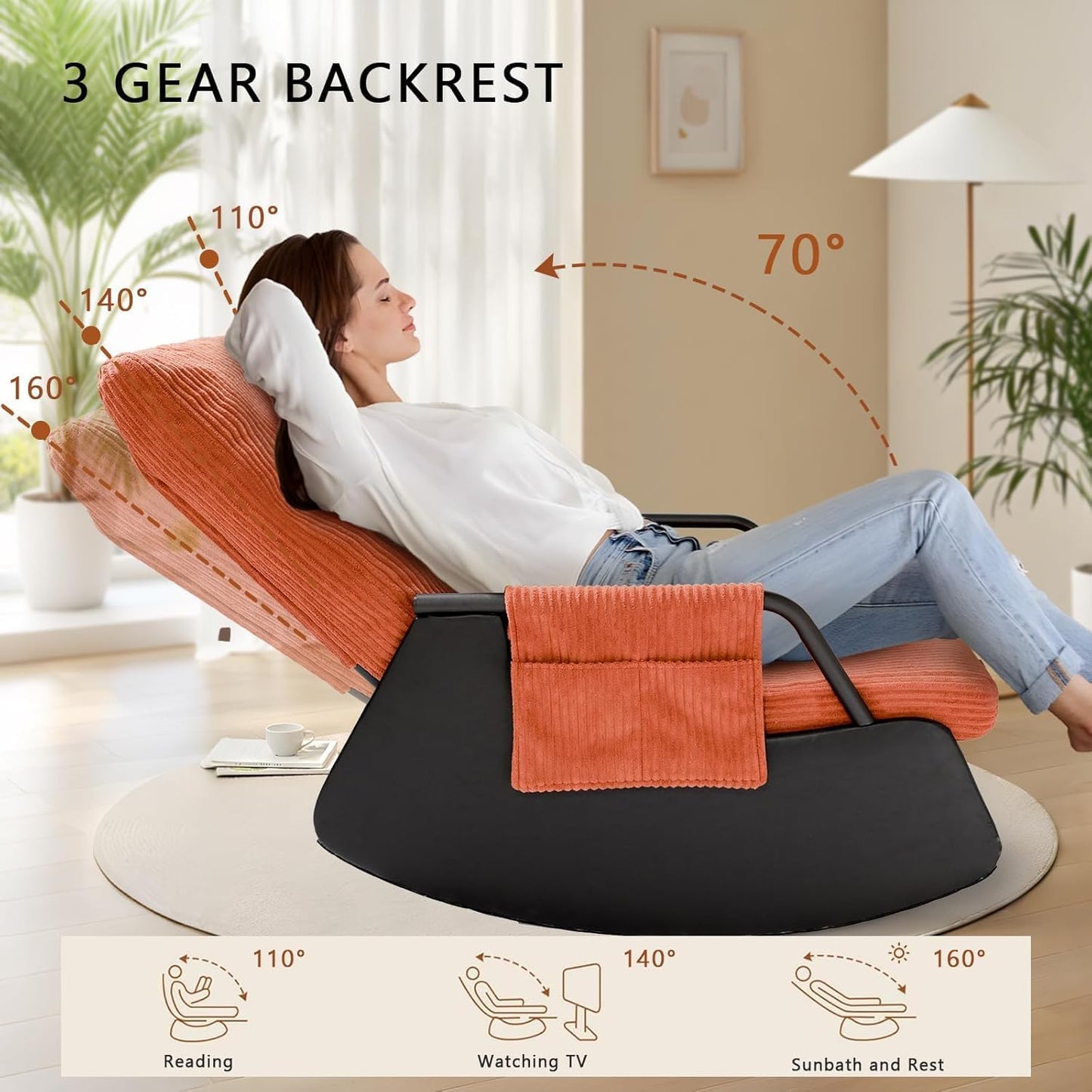 Rocking Chair for Nursery, Modern Upholstered Plush Seating Glider Recliner Chair with High Backrest and Side Pocket, Accent Armchair with Cushions for Living Room/Reading (Burnt Orange)