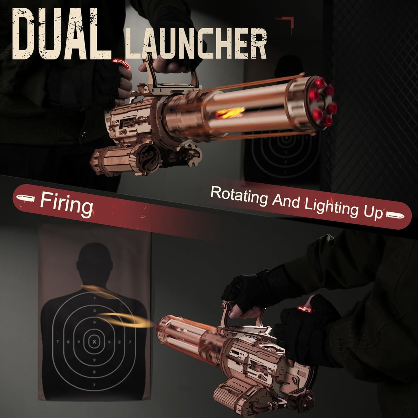 ROKR Gun 3D Puzzles for Adults, Wooden 3D Puzzle Rubber Bands Gun Toy, Rotating-Barrel Machine Gun, Wood Model Craft Kits, Cool Hobbies Birthday Gifts for Men Teen Boys 14+