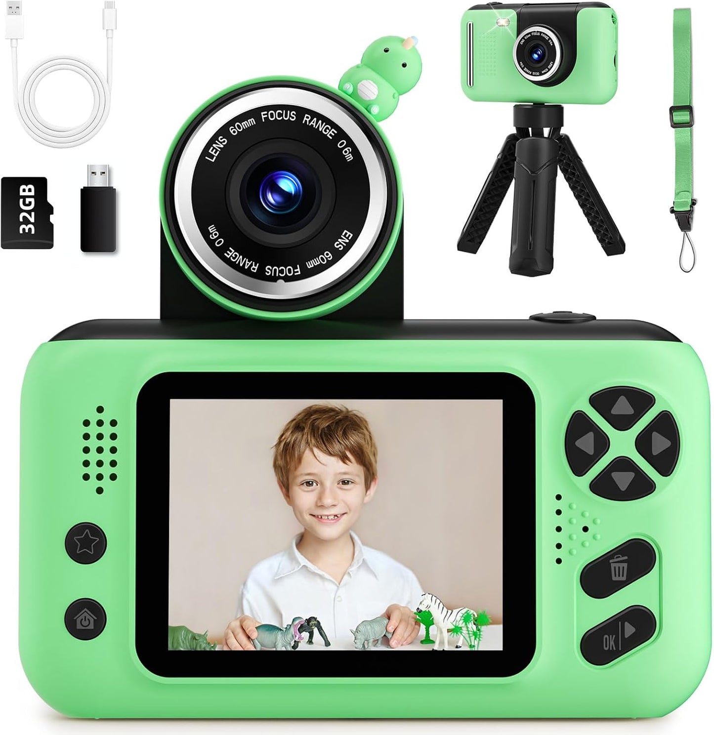 Kids Camera, Birthday Gifts for Boys and Girls Age 3-8,Video Recorder for Kids 8-12,Childrens Digital Camcorder for vlogging Portable Kids Selfie Camera with 32GB SD Card Green