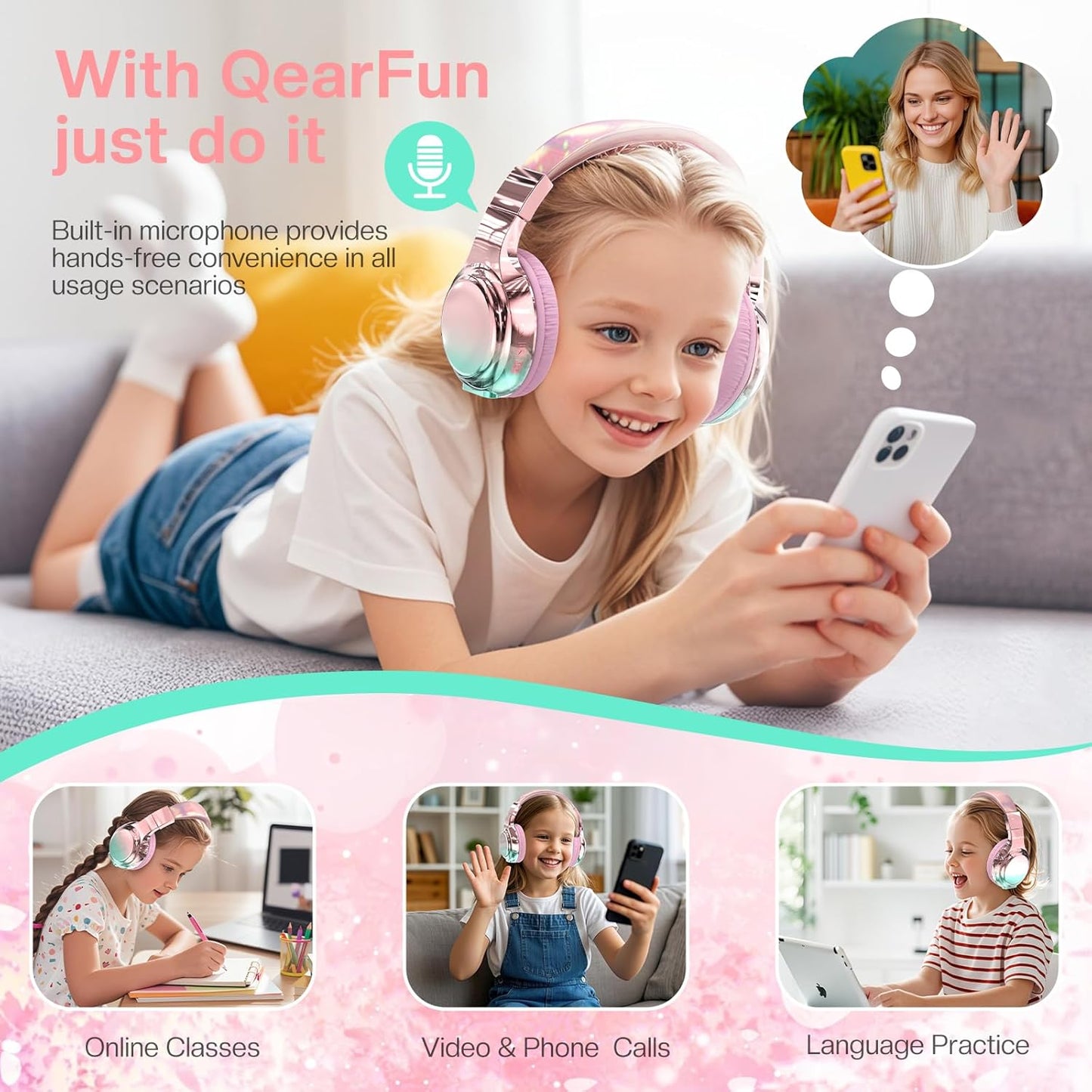 QearFun Kids Bluetooth 5.3 Headphones, Wireless Metallic Gradient Headset, Lightweight Foldable On Ear Headphones with Aux Cord, Fast Charging, Built-in Mic, for School/Travel/Tablet/iPad