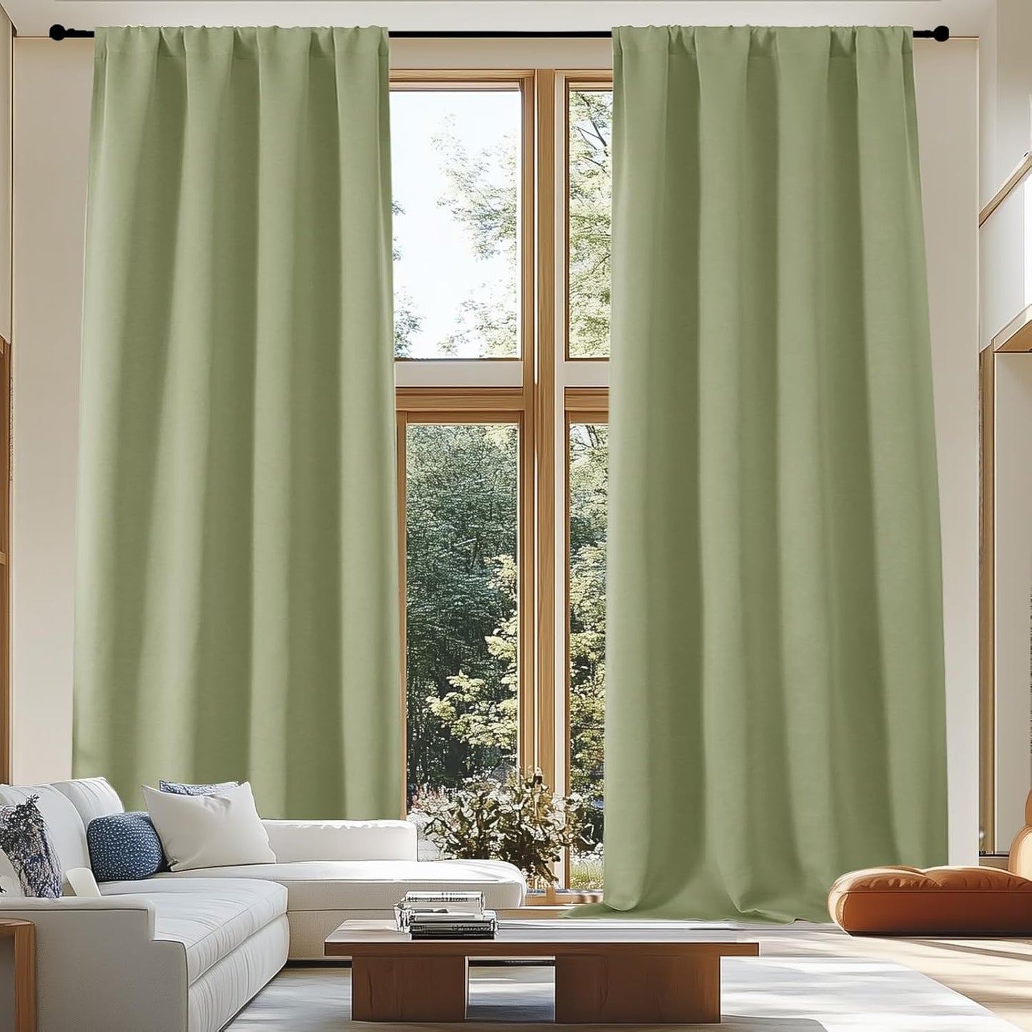 Simplebrand Ava Sage Green Extra Long 10ft Room Daekening Curtains for Patio 120 Inches Long 2 Panels Set, Solid Thermal Insulated Energy Saving Rod Pocket Window Treatment Drapes, 50 Wx120 L