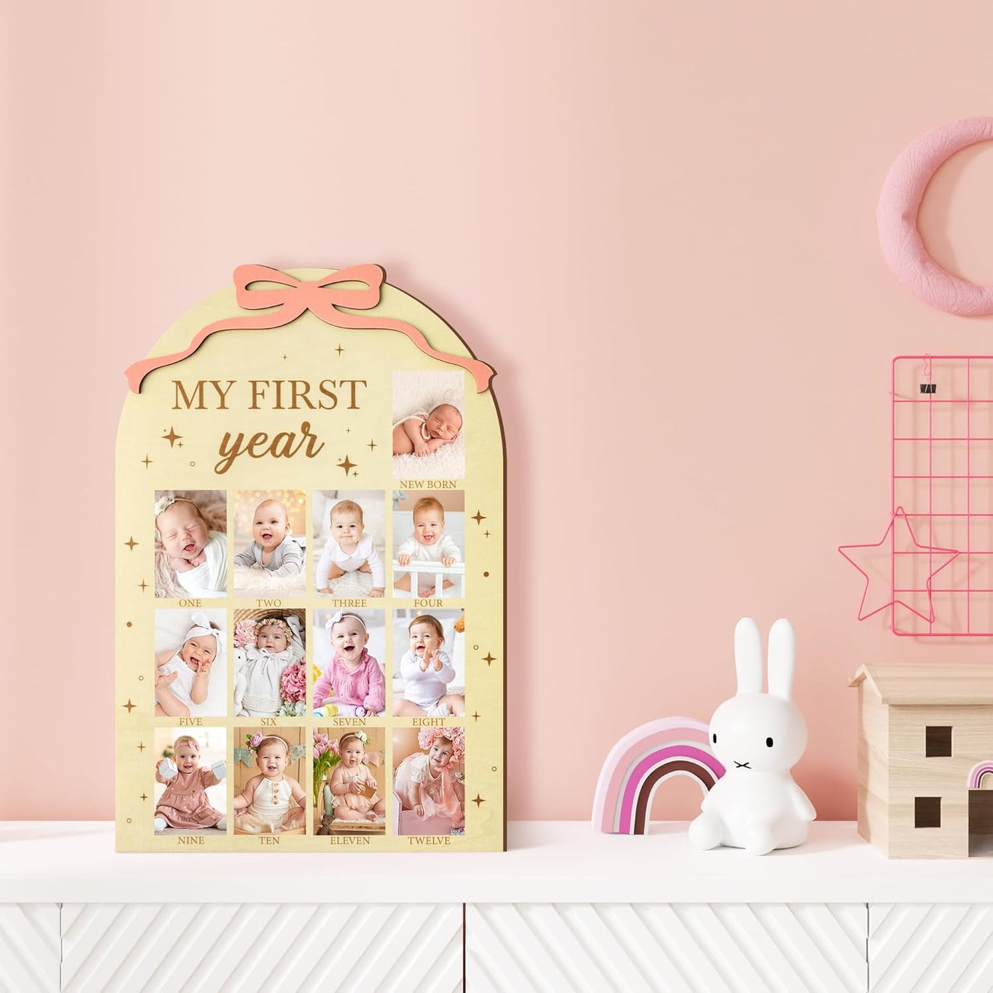 R HORSE My First Year Photo Frame Board, 3D Coquette Pink Bow Display Wood Board, Baby’s First Year 12 Months Milestone Sign 1st Birthday Frame Nursery Decor Keepsake Gift for Boy Girl