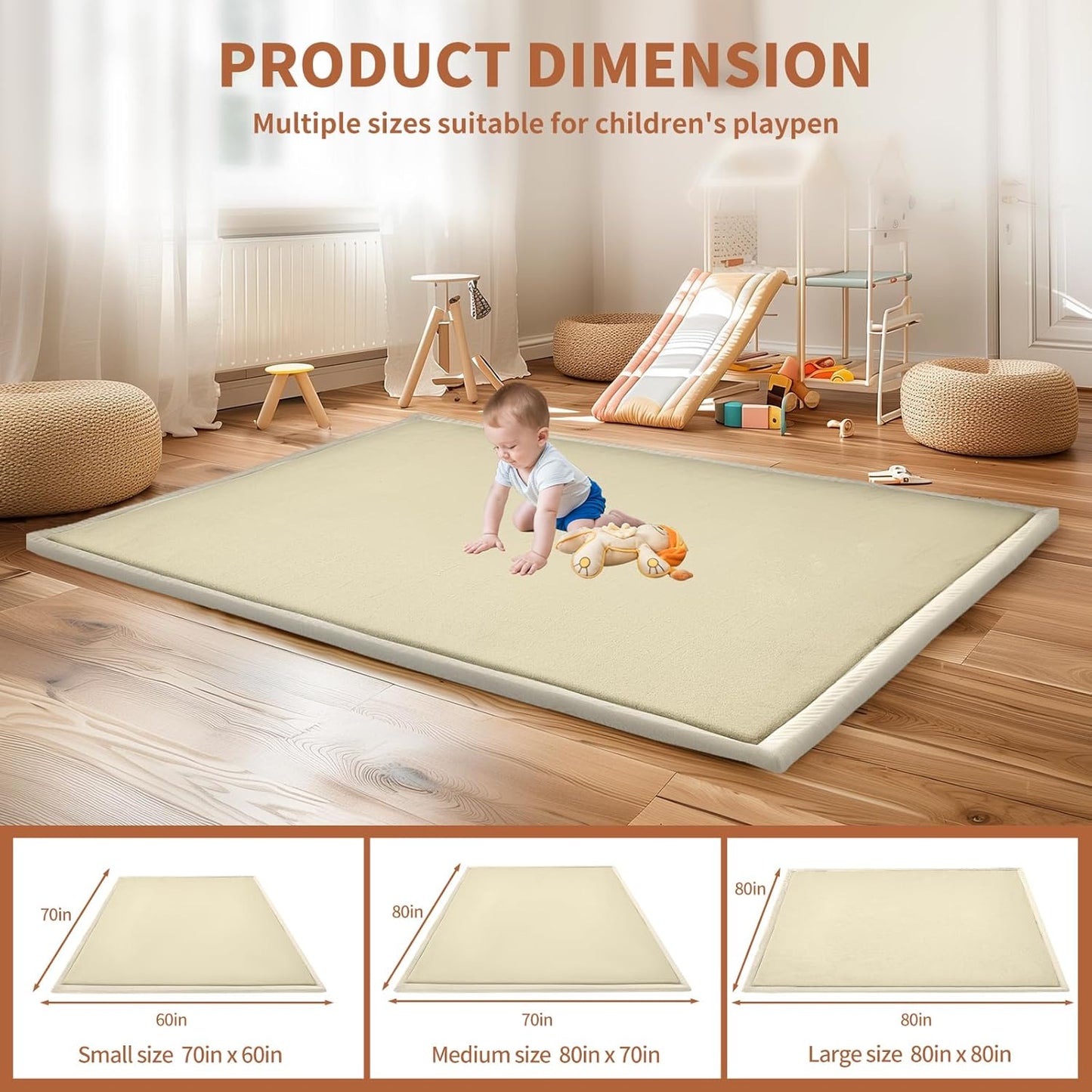 SUNYRISY Baby Play Mat for Floor 70 x 80in, 1.4in Thick Memory Foam Padded Play Mats Baby Rug, Soft Velvet Infants Toddler Kids Crawling Mat for Nursery, Non-Slip Bottom, Beige