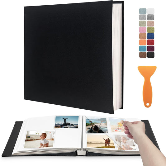 Large Photo Album Self Adhesive Scrapbook Album for 4×6 5×7 8×10 Pictures DIY Magnetic Linen Cover Album 60 Pages for Family Wedding Gifts with Metal Pen and Plastic Board
