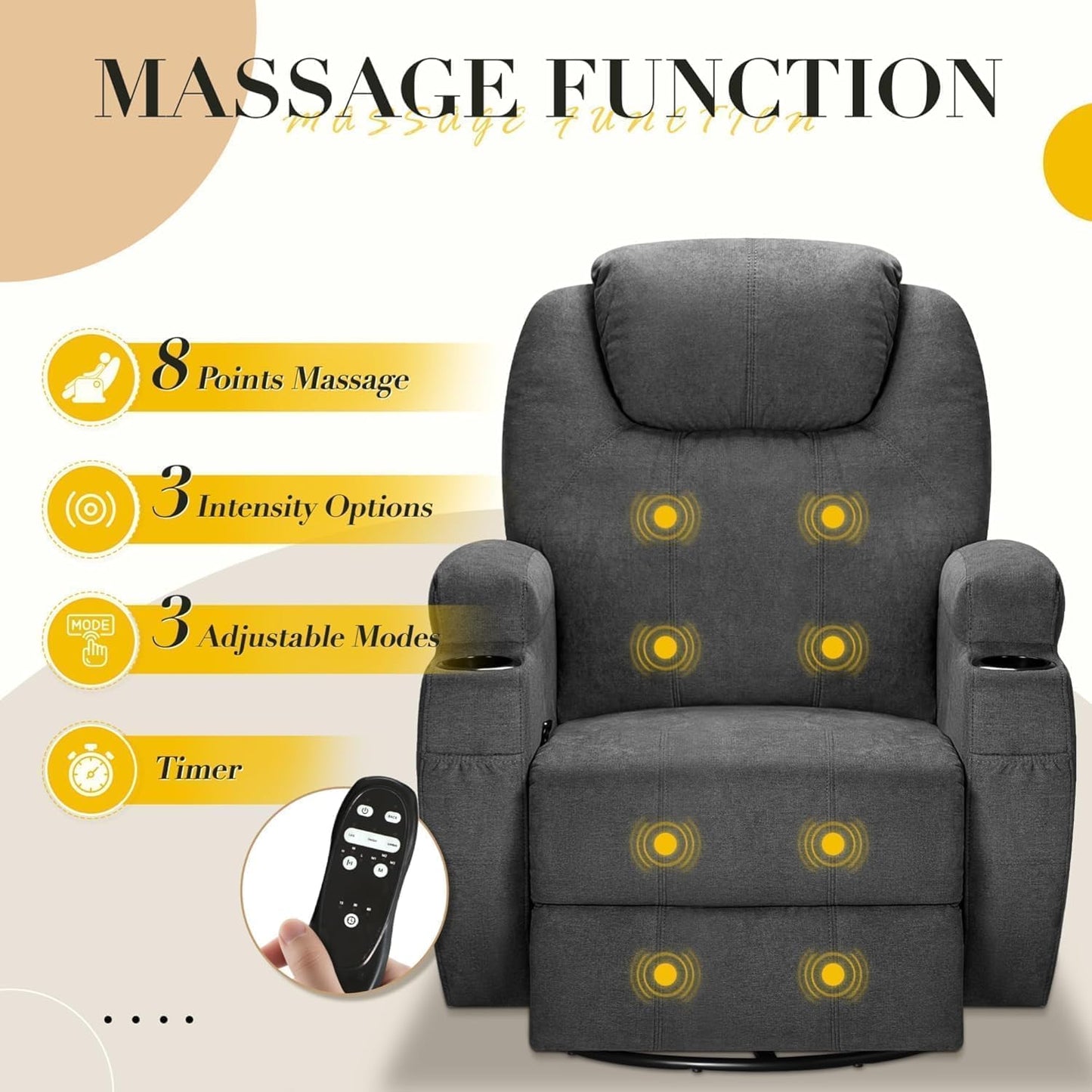 Recliner Chair, 360° Swivel Rocker Chair for Adults, Rocking Recliner Chair with Massage, Comfy Single Sofa with Side Pockets Cup Holders for Living Room, Bedroom, Nursery (Fabric, Dark Gray)