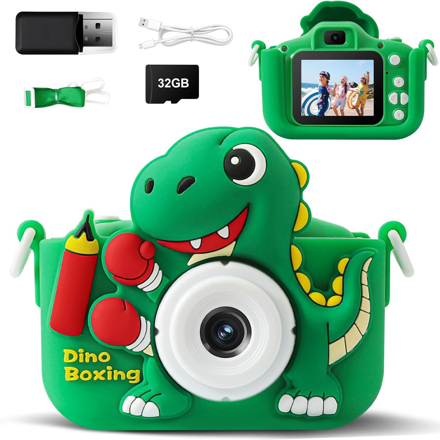 Kids Camera, Dinosaur Kids Camera for Kids Boys, Toddler Camera Digital Camera for Kids Age 3-12, Christmas Birthday Gifts Toys for 3 4 5 6 7 8 9 10 Years Old Boys, 1080P HD Selfie Video Camera