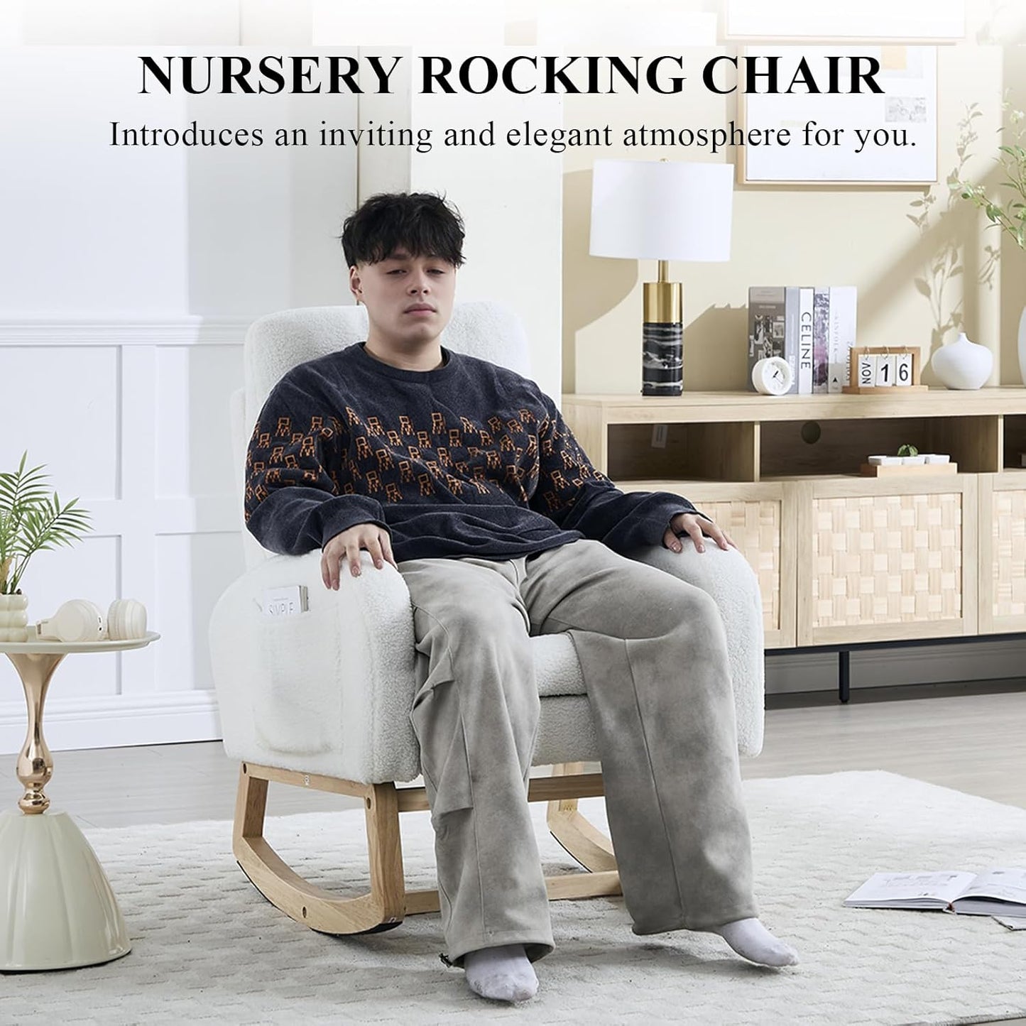 NIOIIKIT Oversized Nursery Rocking Chair, Teddy Upholstered Glider Chair with Footrest, Large Glider Rocker with Side Pocket, Rocking Accent Chair, Glider Recliner for Living Room (White Teddy)