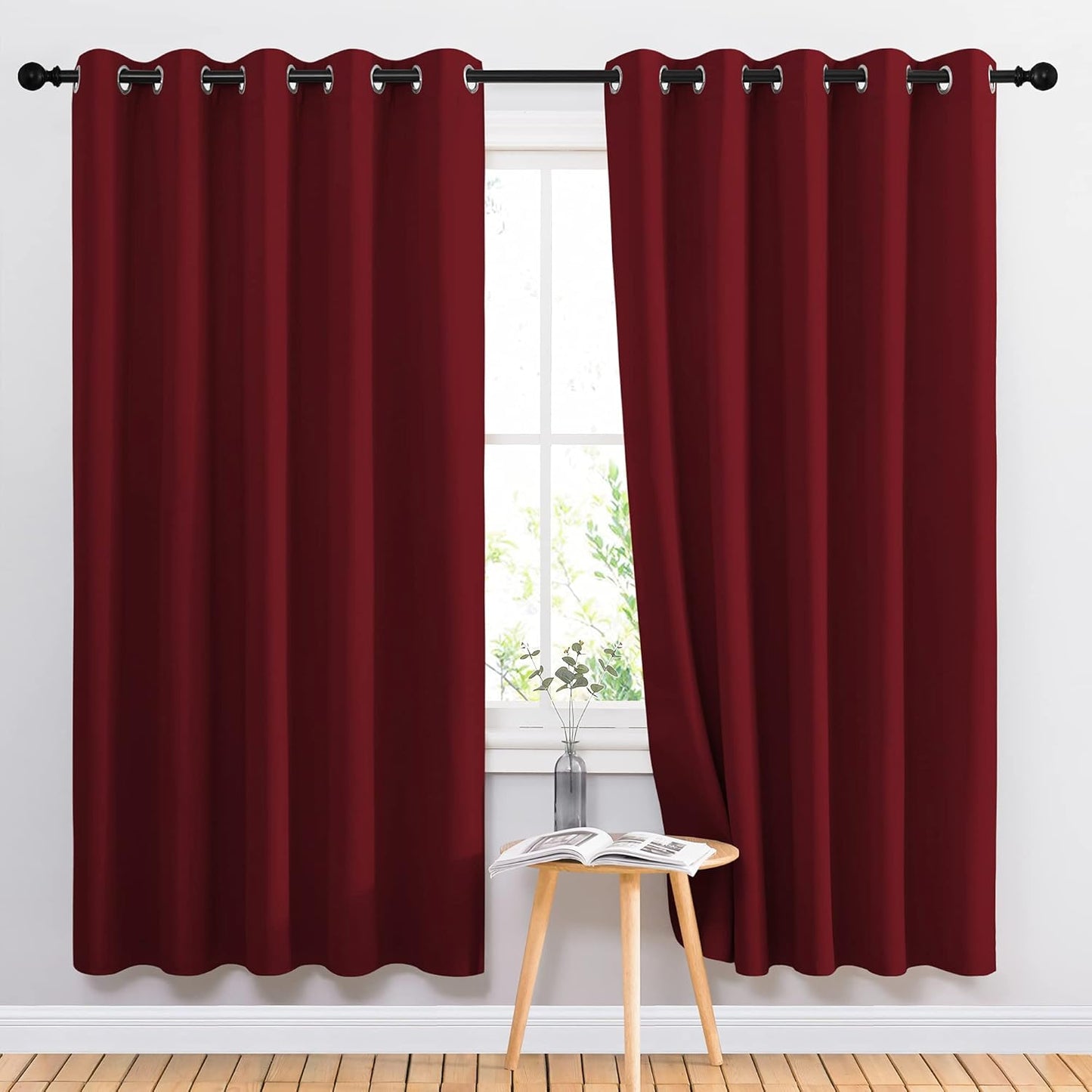 NICETOWN Blackout Curtain Panel Grommet - Home Decorations Thermal Insulated Solid Grommet Top Blackout Living Room Panels/Drapes for Gift (Burgundy Red, 1 Pair, 66 x 72-Inch)