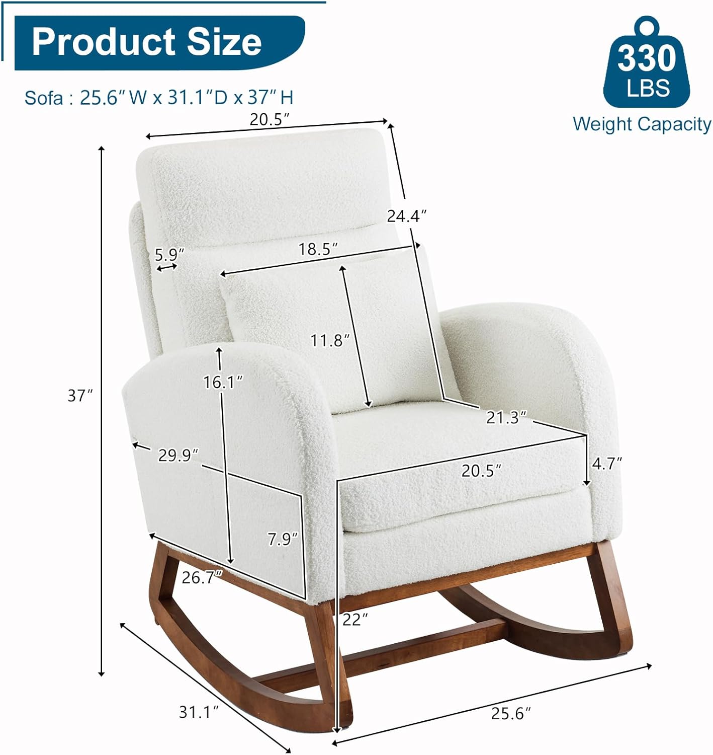 VINGLI White Teddy Fleece Rocking Chair Nursery with Thick Headrest, Upholstered Mid-century Modern Nursing Rocker Glider with Curved Armrest, Sturdy Solid Wood Base for Living Room,Bedroom, Baby Room