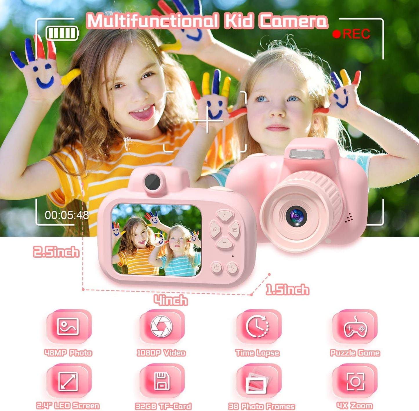 Temodu Kids Camera, Best Birthday Festival Toys Gifts for Girls Boys Age 3 4 5 6 7 8 9 10 11 12 Year Old, Digital Camera for Kids with Video, Toy Camera Toddler Camera for Girls with 32GB Card - Pink