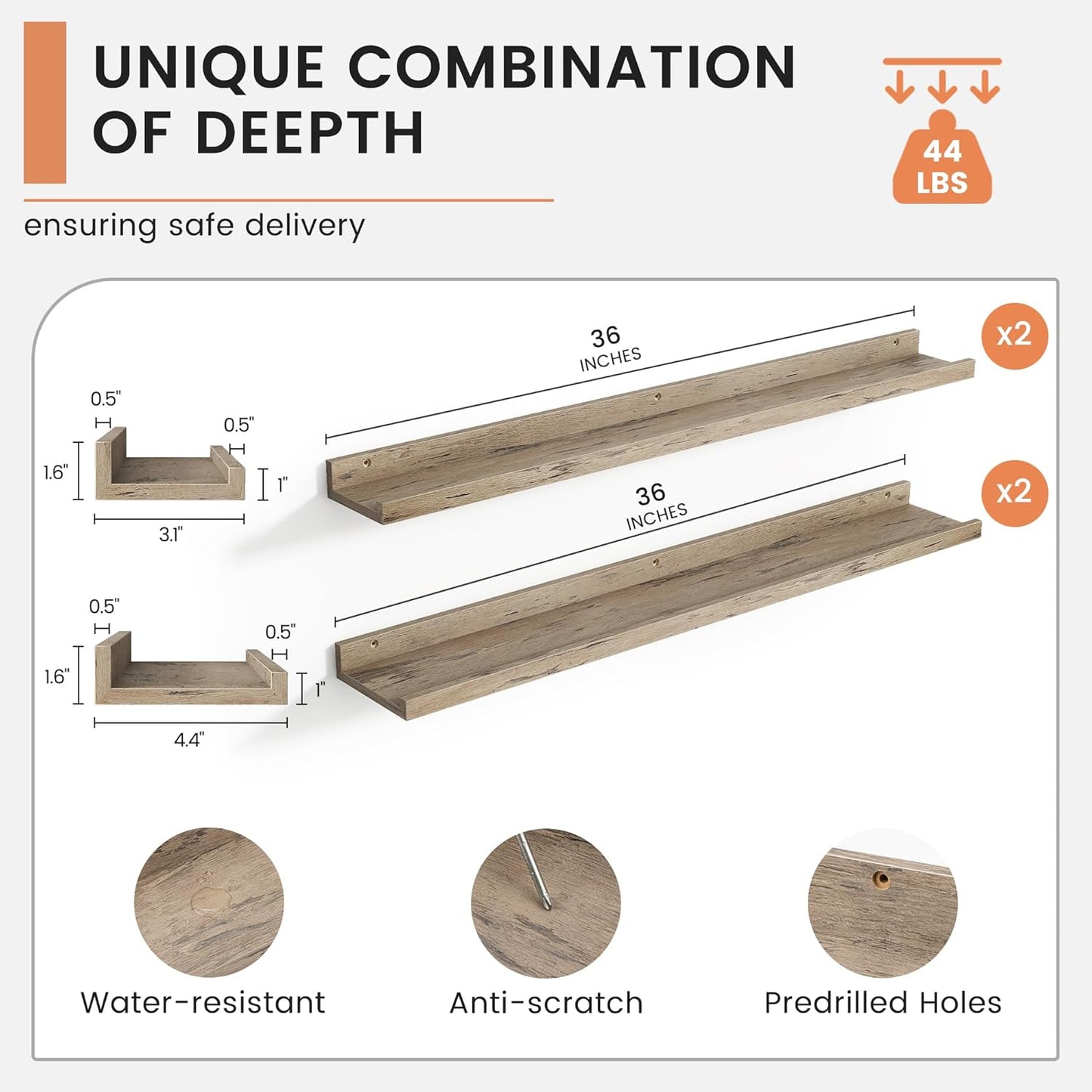 Floating Picture Ledge Shelves for Wall Set of 4, 36 Inch Wall Shelves with Lip Long Large Nursery Book Shelf for Toys Storage Kids Bookshelf Wall Mounted Living Room Bedroom Decor Frames