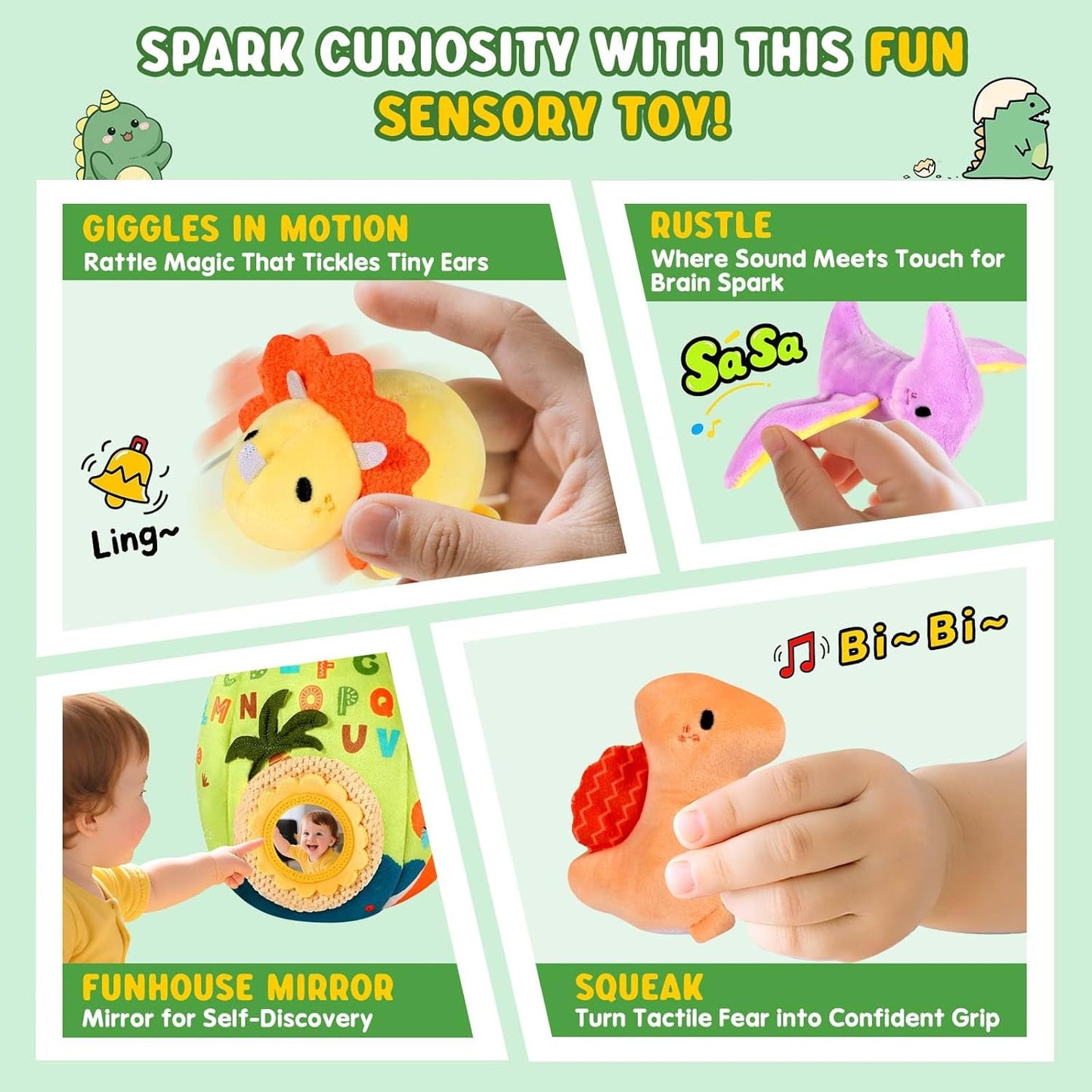 FREYBLI Baby Toys 6-12 Months - Soft Dinosaur Toy with Rattle, Crinkle Paper, Squeaker, Mirror - Baby Sensory Toys for 6 Month Old Developmental, Baby Montessori Toys for 1 Year Old Boy Girl Gifts