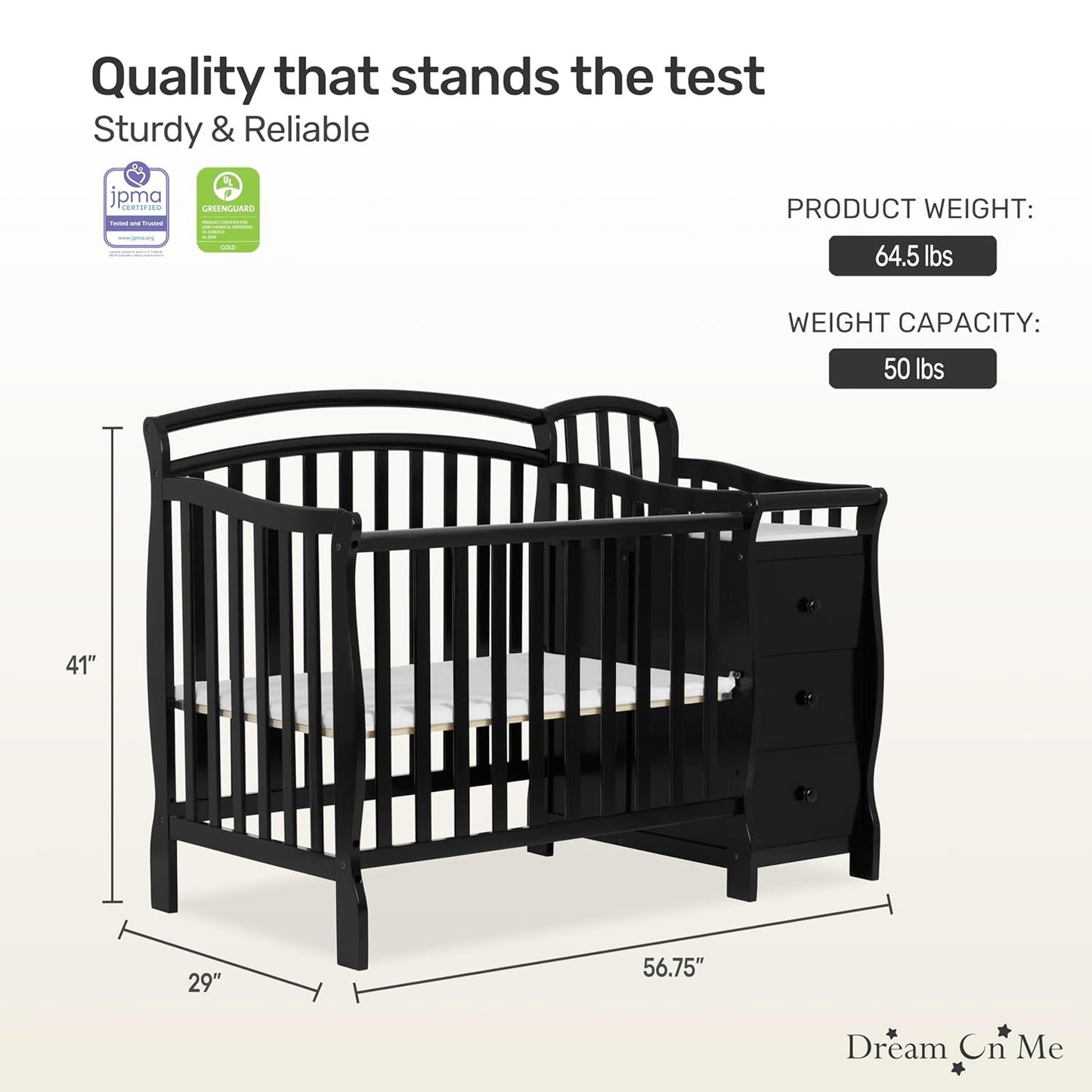 Dream On Me Casco 3-in-1 Mini Convertible Baby Crib & Changer with Storage in Black, Pinewood, GreenGuard Gold & JPMA, 1” Mattress Pad, 3 Mattress Heights, Converts to Mini Day & Twin-Size Bed