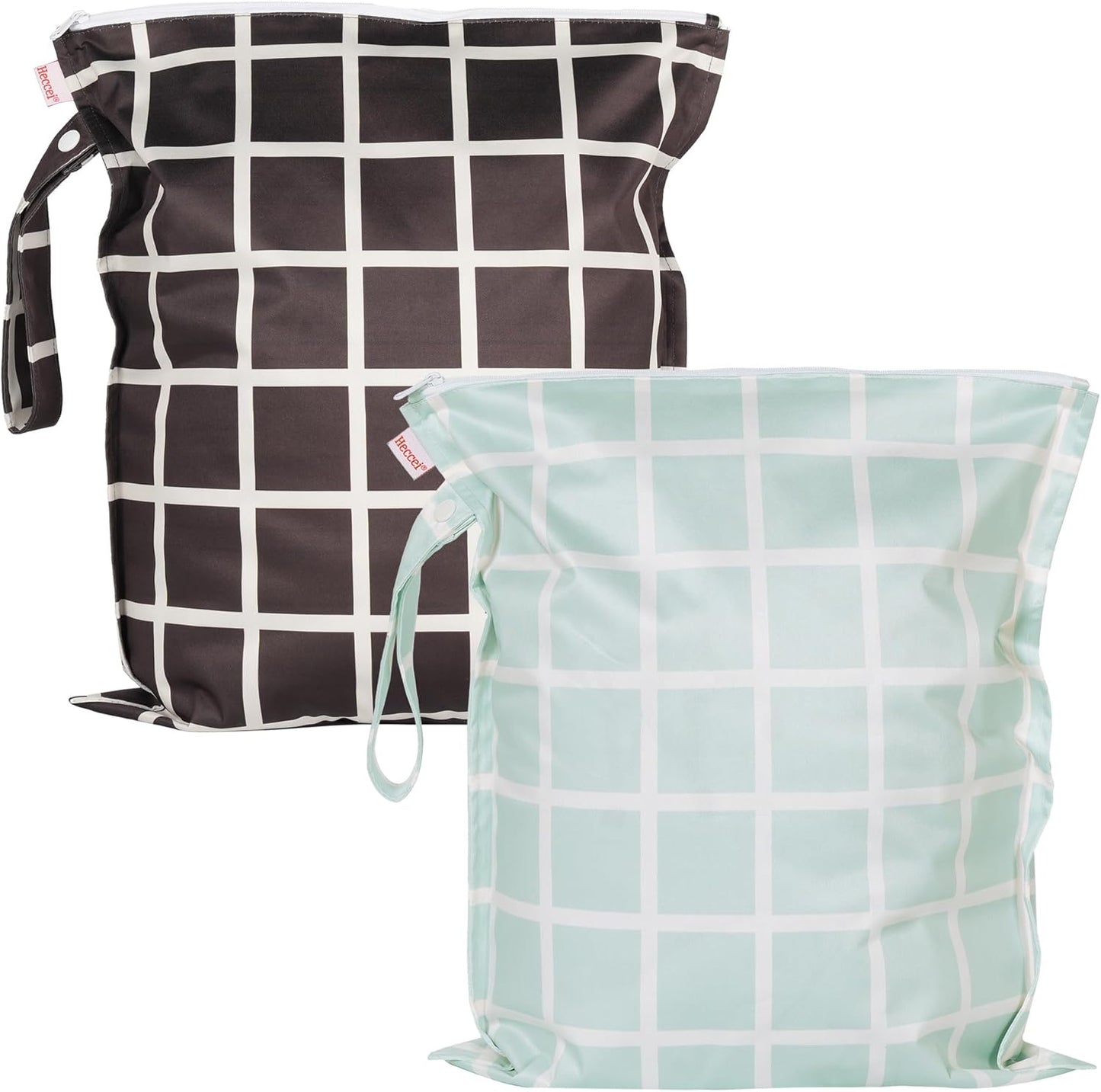 HECCEI Wet Dry Bag, 2-Pack Reusable Waterproof Wet Bagsfor Swimsuits & Baby Clothes, Leakproof Cloth Diaper Wet Bags for Travel & Diaper Changes (Soft Check)