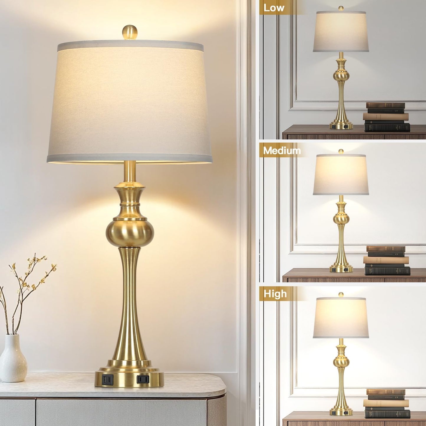 28.75" Modern Table Lamps Set of 2, Gold Bedside Lamp with USB A+C & AC Outlet,Brass Unique Desk Lamps for Living Room, Bedroom, Nightstand, End Table (2 Bulbs Included)
