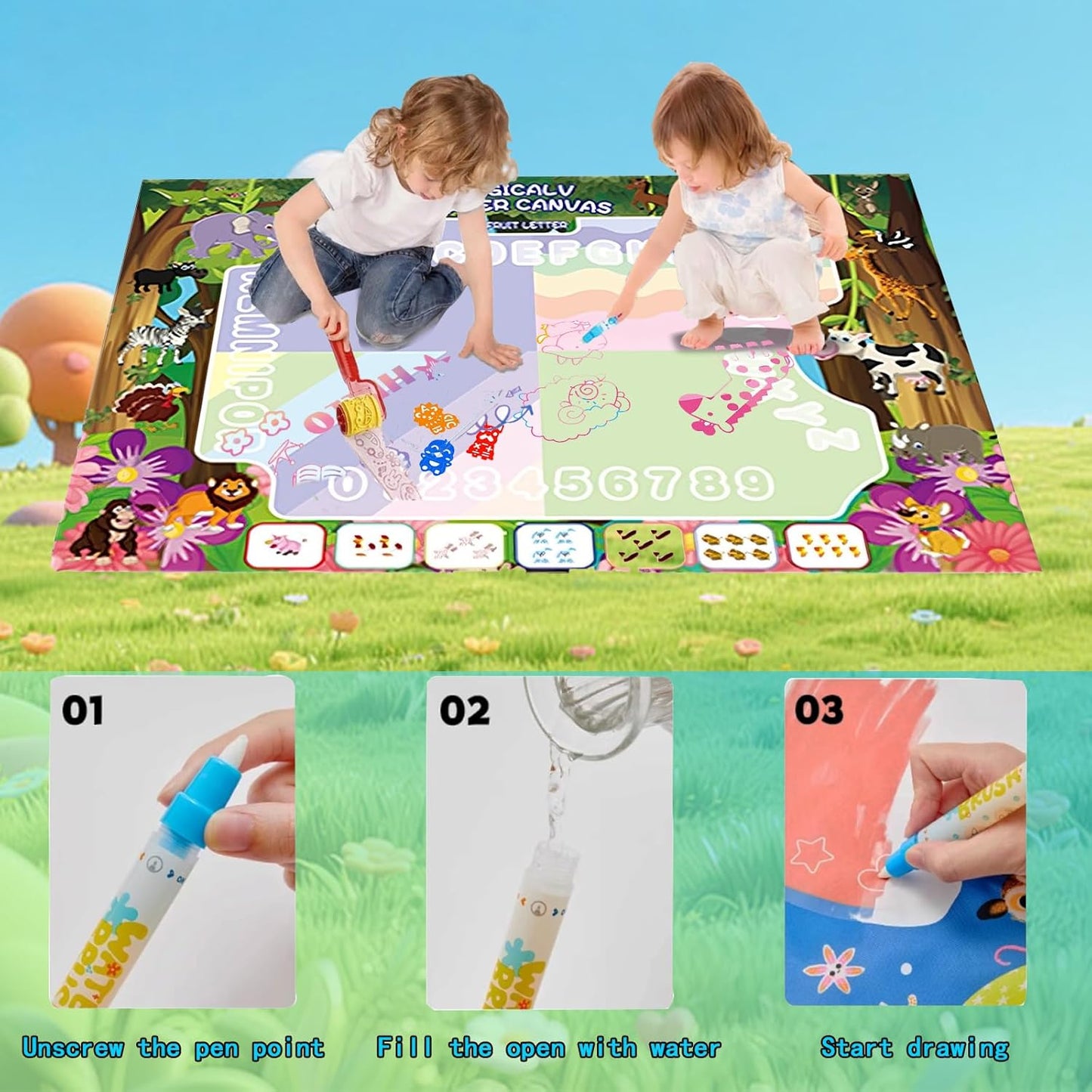 Water Doodle Mat - Magic Water Drawing Mat with Stamps, Roller & Backpack Big Enough Space for 2-3 Kids to Draw Together | No Mess Travel Toy Gift for 3 4 5 6 7 8 Year Old Girls Boys