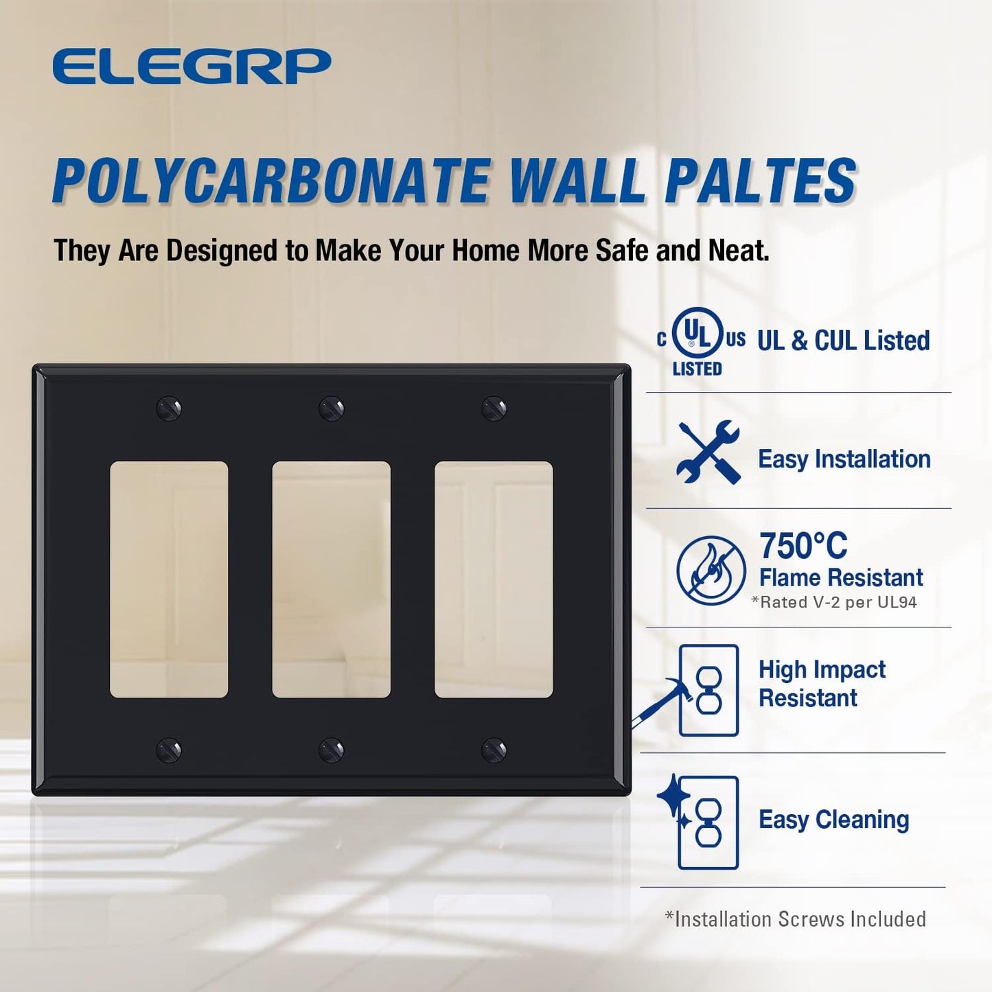 ELEGRP 3-Gang Decorative Wall Plates, Mid-Size 4.88" H x 6.75" L Unbreakable Thermoplastic Faceplate Cover for Decorator Receptacle Outlet Switch, UL Listed (2 Pack, Glossy Black)