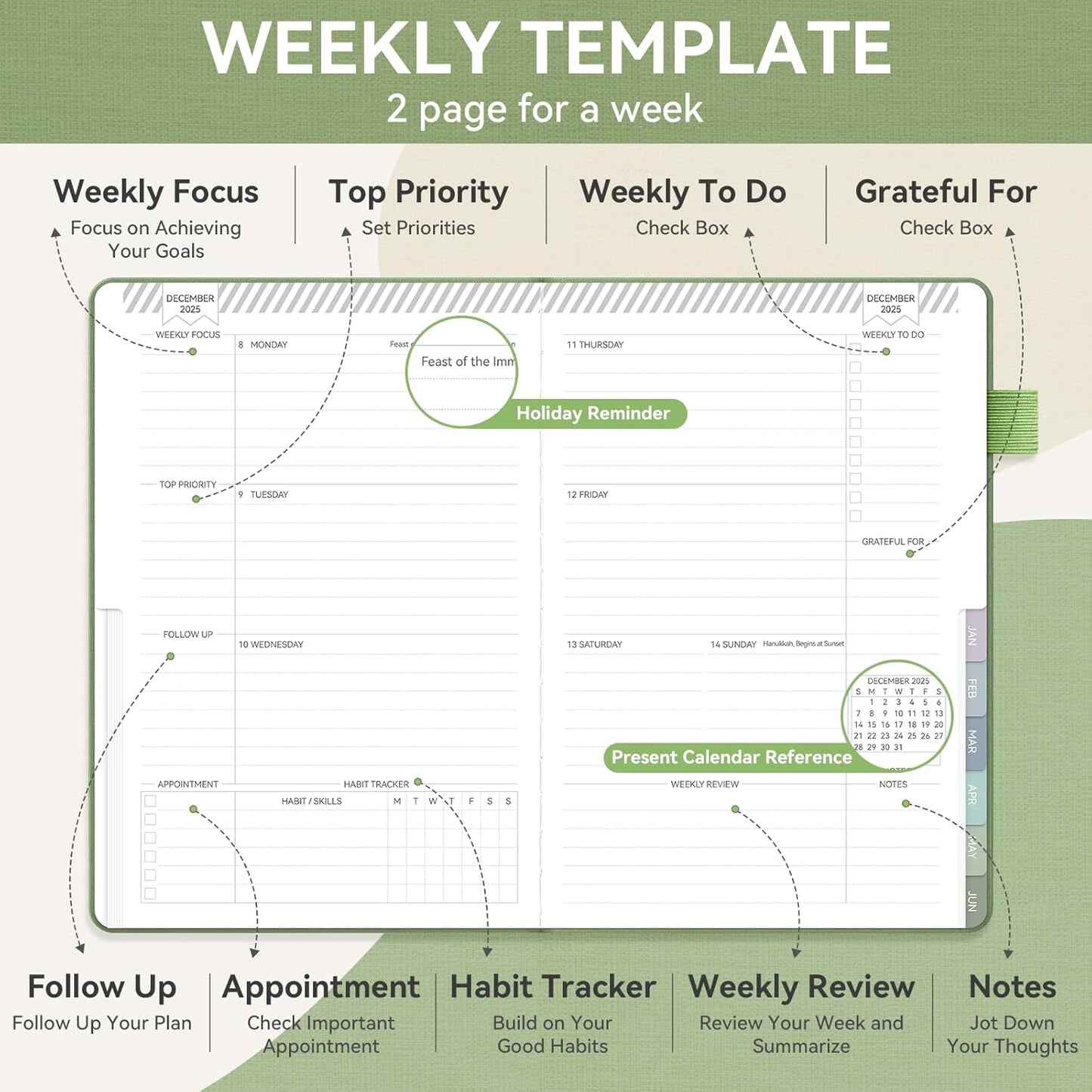 Getink 2025-2026 Linen cover Planner Weekly & Monthly Daily Agenda Book,2025-2026 To Do List Notebook with Colorful Monthly Tabs, Inner Pocket, Elastic Closure (Green,5.5 * 8.5)