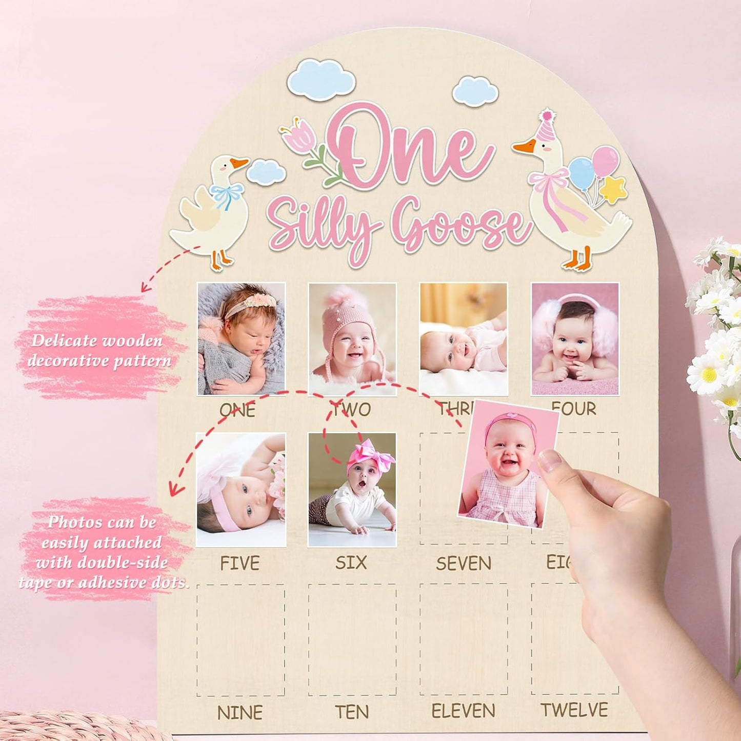One Silly Goose Photo Board Goose Themed Birthday Party Wooden Board Decorations 12 Monthly Milestone Picture Frame One Year Old Wood Sign 1st Birthday Photo Banner for Baby Girls Keepsake Gift Supply