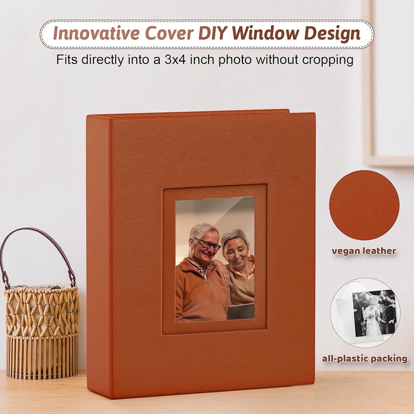 Popotop Photo Album 4x6 100 Pockets with Leather Hardcover Cover, Small Photo Album Holder Book with 50Pcs Pages for Family Travel Wedding Baby Gifts