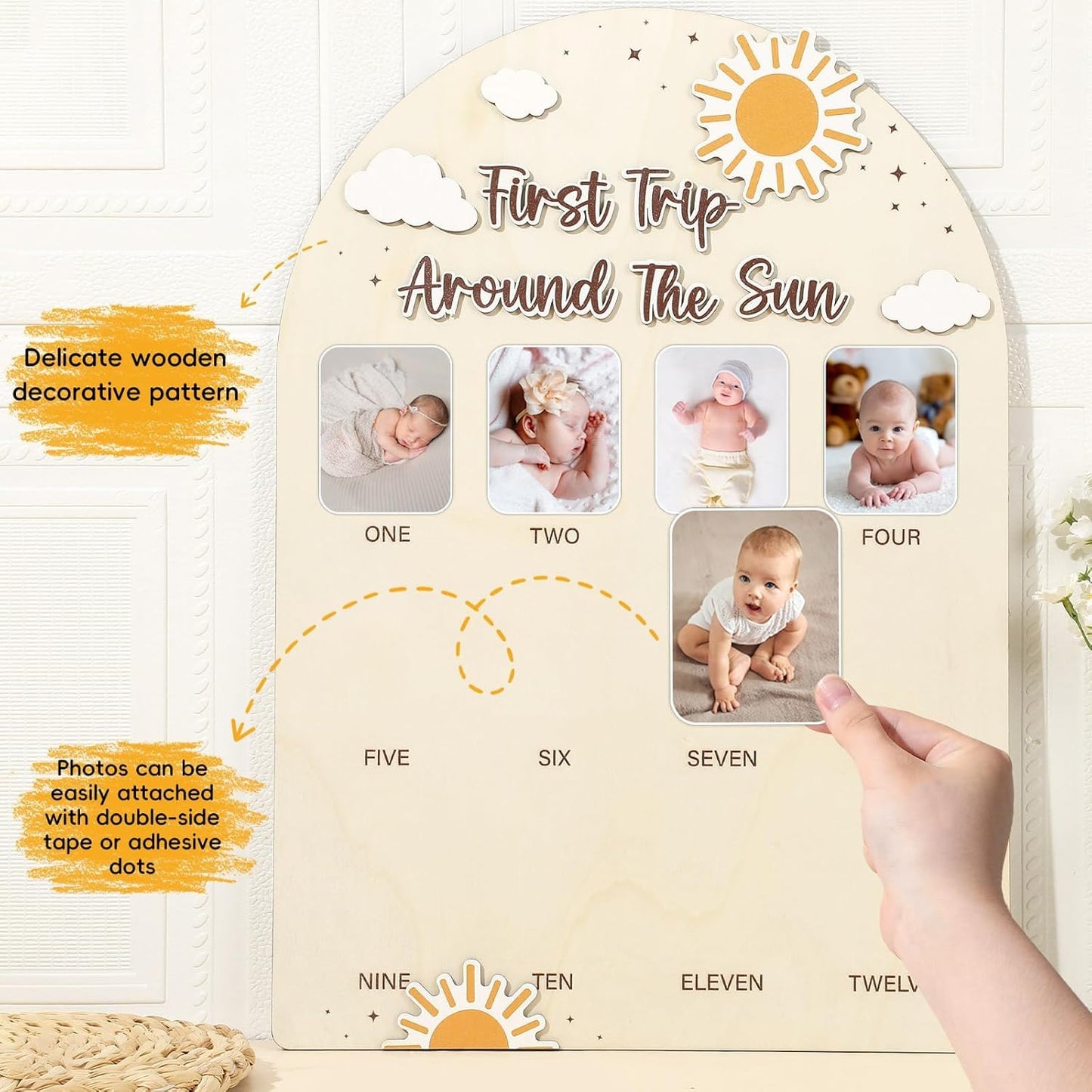 First Trip Around the Sun Photo Board Sunshine Birthday Party Wooden Board Decors 12 Monthly Milestone Picture Frame One Year Old Wood Sign 1st Birthday Photo Banner for Baby Keepsake Gift Supply