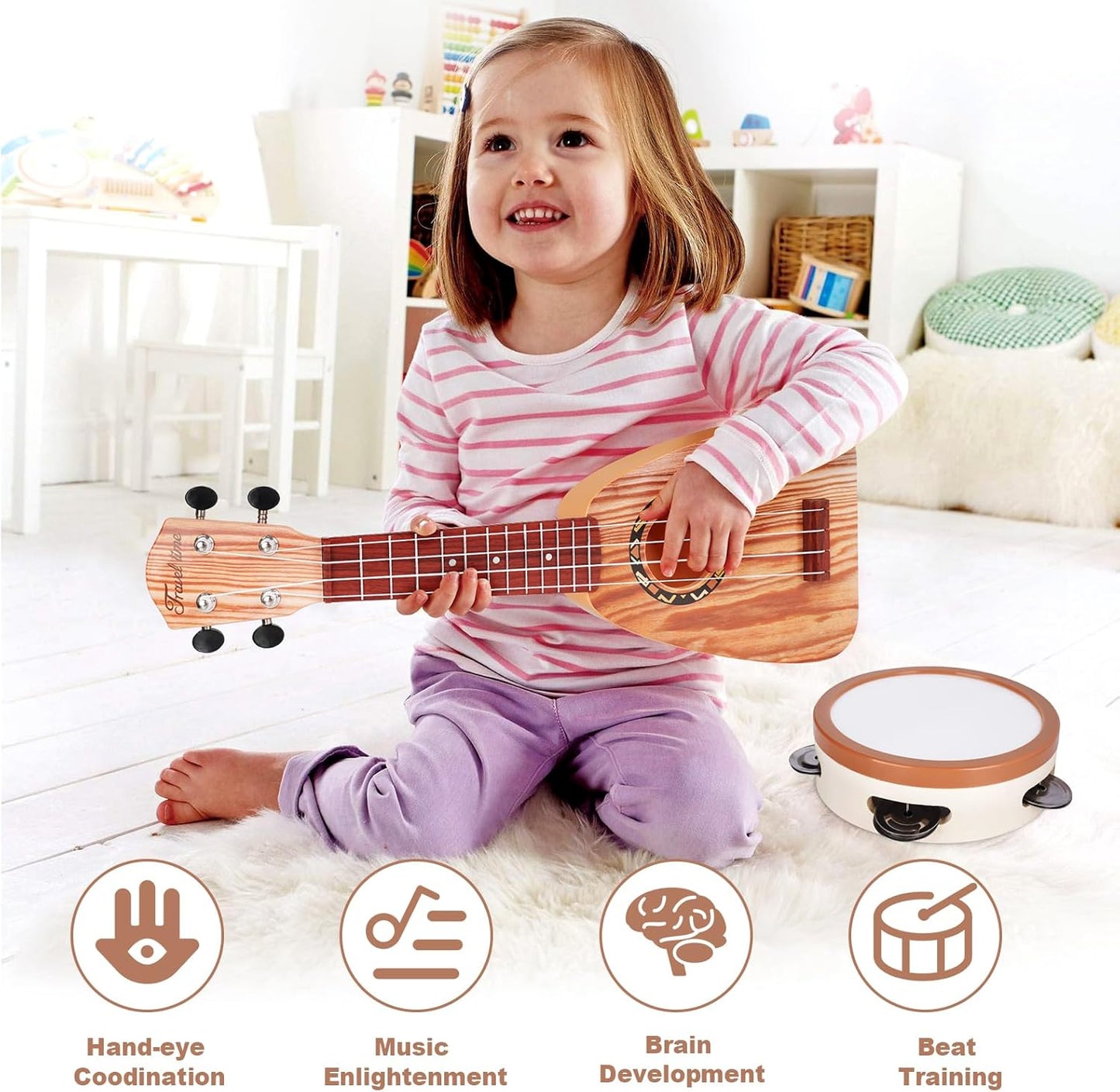 Kids Guitar Set - Musical Toys for 2 3 Year Old Boy Birthday Gifts, Montessori Toys for 2 Year Old Girls, Musical Instruments with Ukulele/Tambourine/Maracas for Toddler 2-4, Band Sets for Kids 3-5