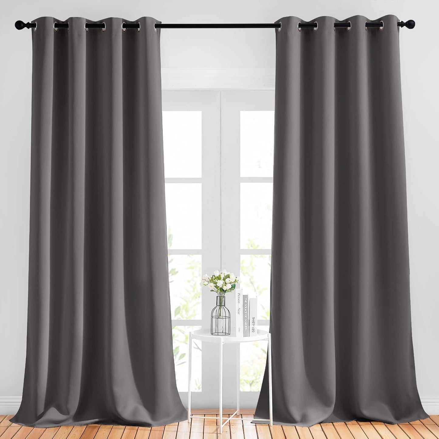 NICETOWN Bedroom Grey Blackout 120 inch Curtains - Triple Weave Energy Saving Thermal Insulated Solid Grommet Blackout Draperies for Patio, W52 x L120, 2 Panels