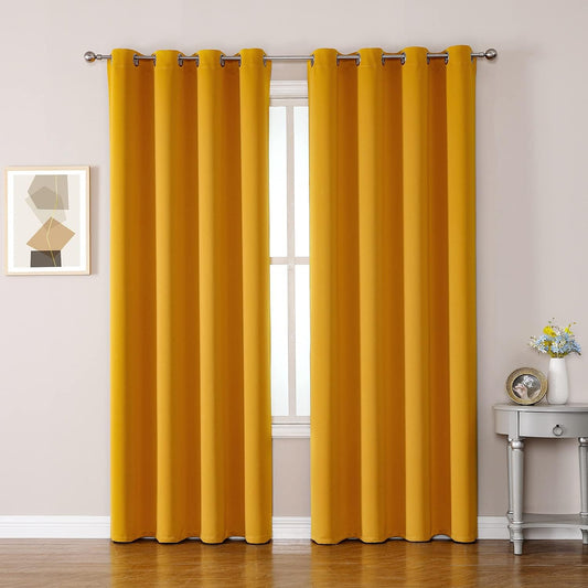 ChrisDowa Grommet Room Darkening Curtains for Bedroom and Living Room - 2 Panels Set Thermal Insulated Blackout Curtains (Mustard Yellow, 52W x 72L)