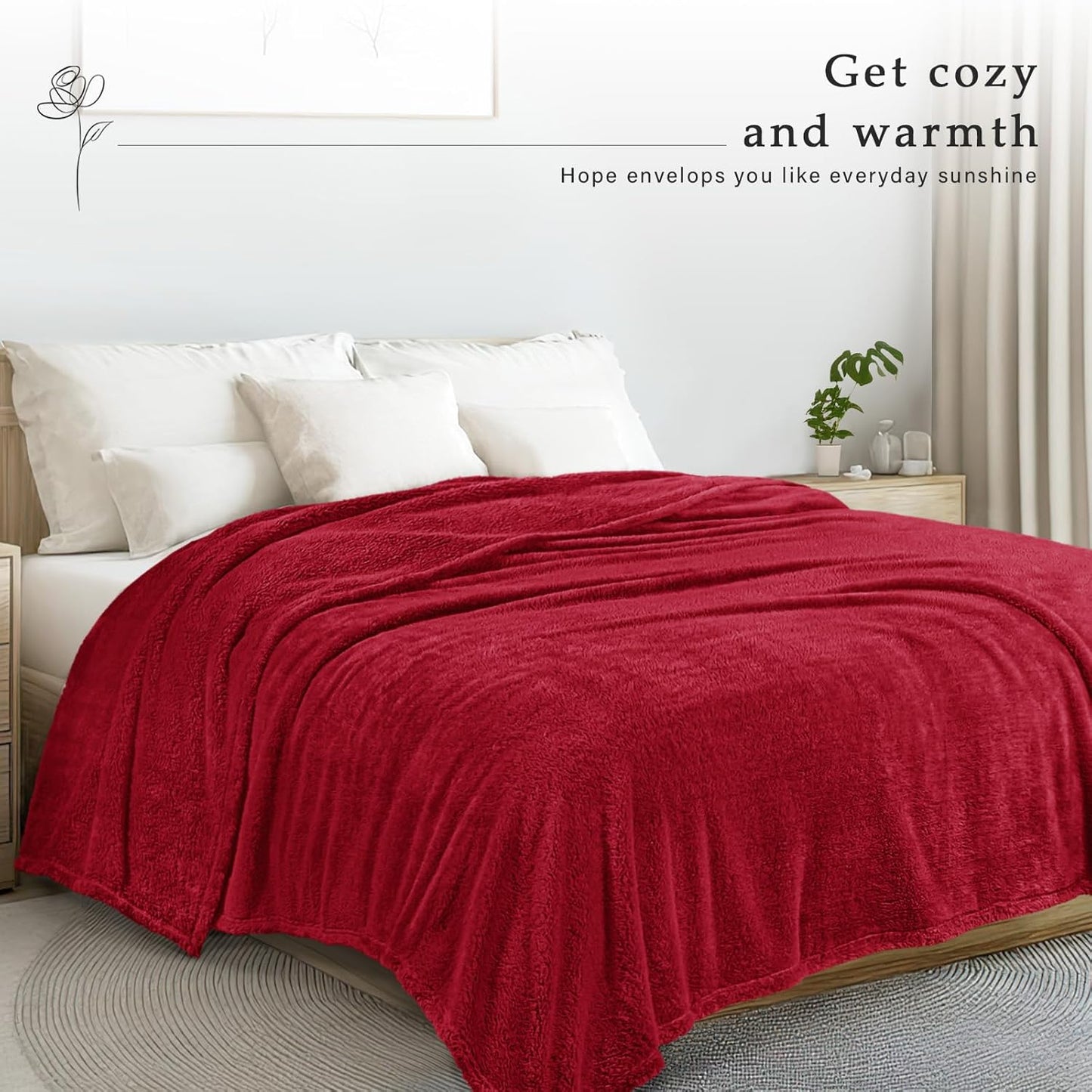 Exclusivo Mezcla Queen Size Flannel Fleece Blanket, Super Soft Velvet Plush Bed Blanket, Fuzzy Cozy and Warm for All Seasons, 90x90 Inches, Deep Red