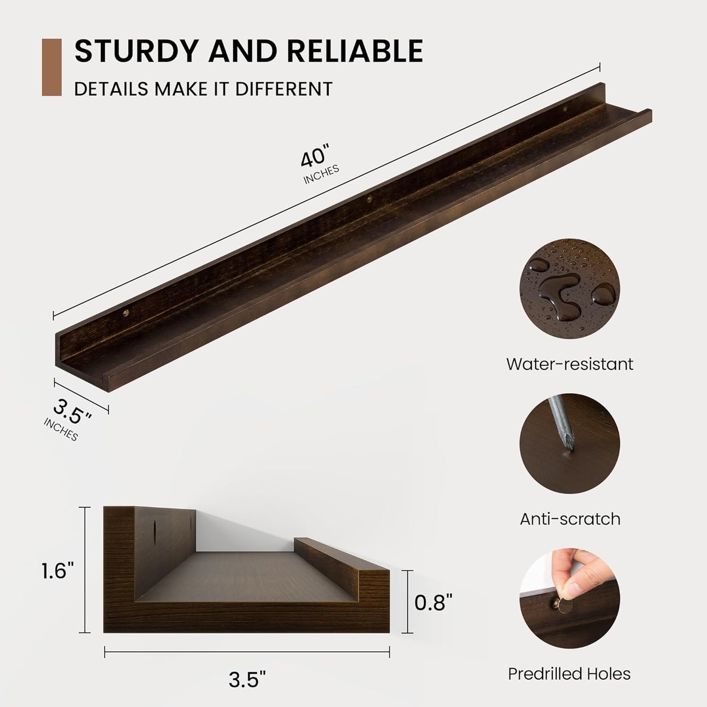 Picture Ledge Shelf, Solid Pine Wood Floating Shelves Set of 2, 40 Inches Nursery Book Shelves for Toys Storage, Kids Bookshelf Wall Mounted for Living Room Bedroom Decor Books Photo Frames, Walnut