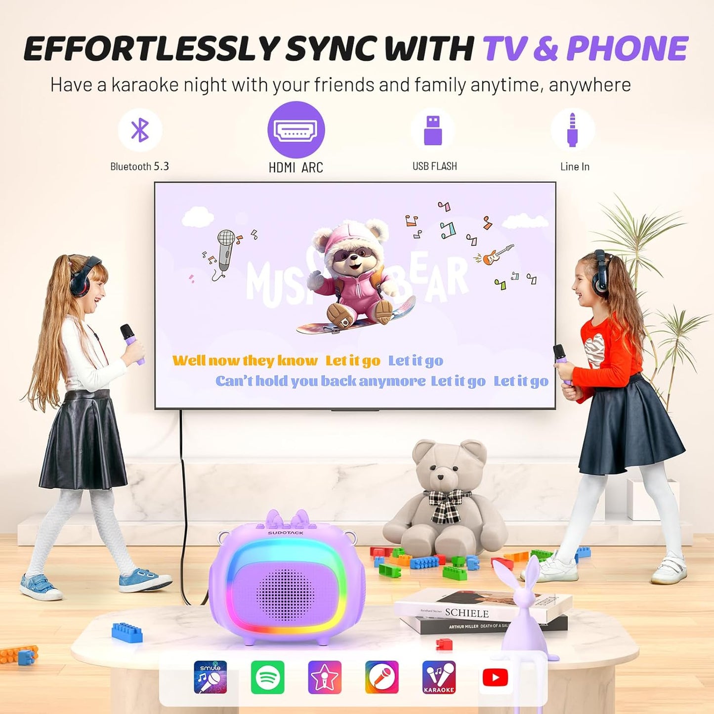 SUDOTACK Mini Karaoke Machine for Kids, Portable Bluetooth Karaoke Speaker with 2 Wilreless Microphones with LED Lights, Birthday Kids Toys Gifts for Girls 4, 5, 6, 7, 8, 9, 10 +Year Old-Purple(KM100)