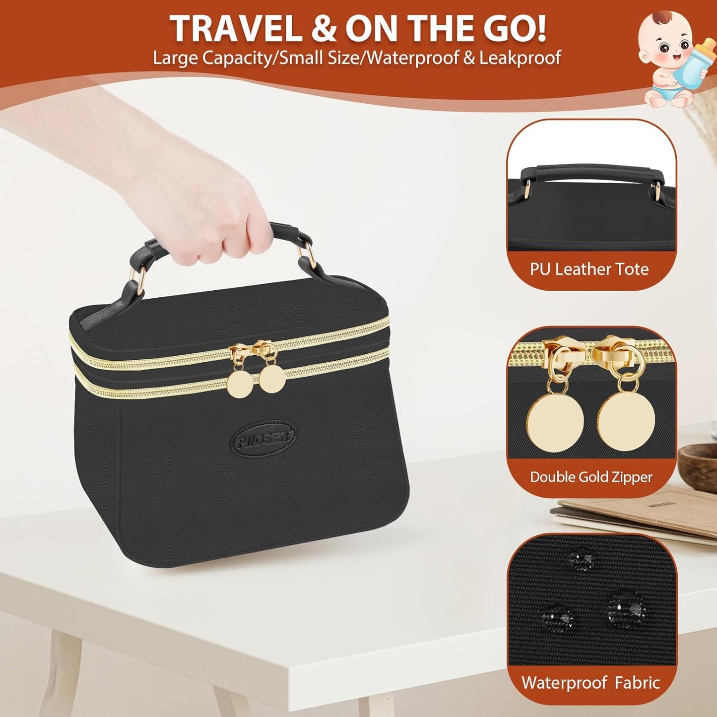 PIIOSER Breast Milk Cooler Bag with 2 Ice Pack, Fit 6 Freezer Breastmilk Storage Bags Up to 8Oz, Insulated Baby Bottles Tote Bag for Daycare and Breastfeeding Mom, Black