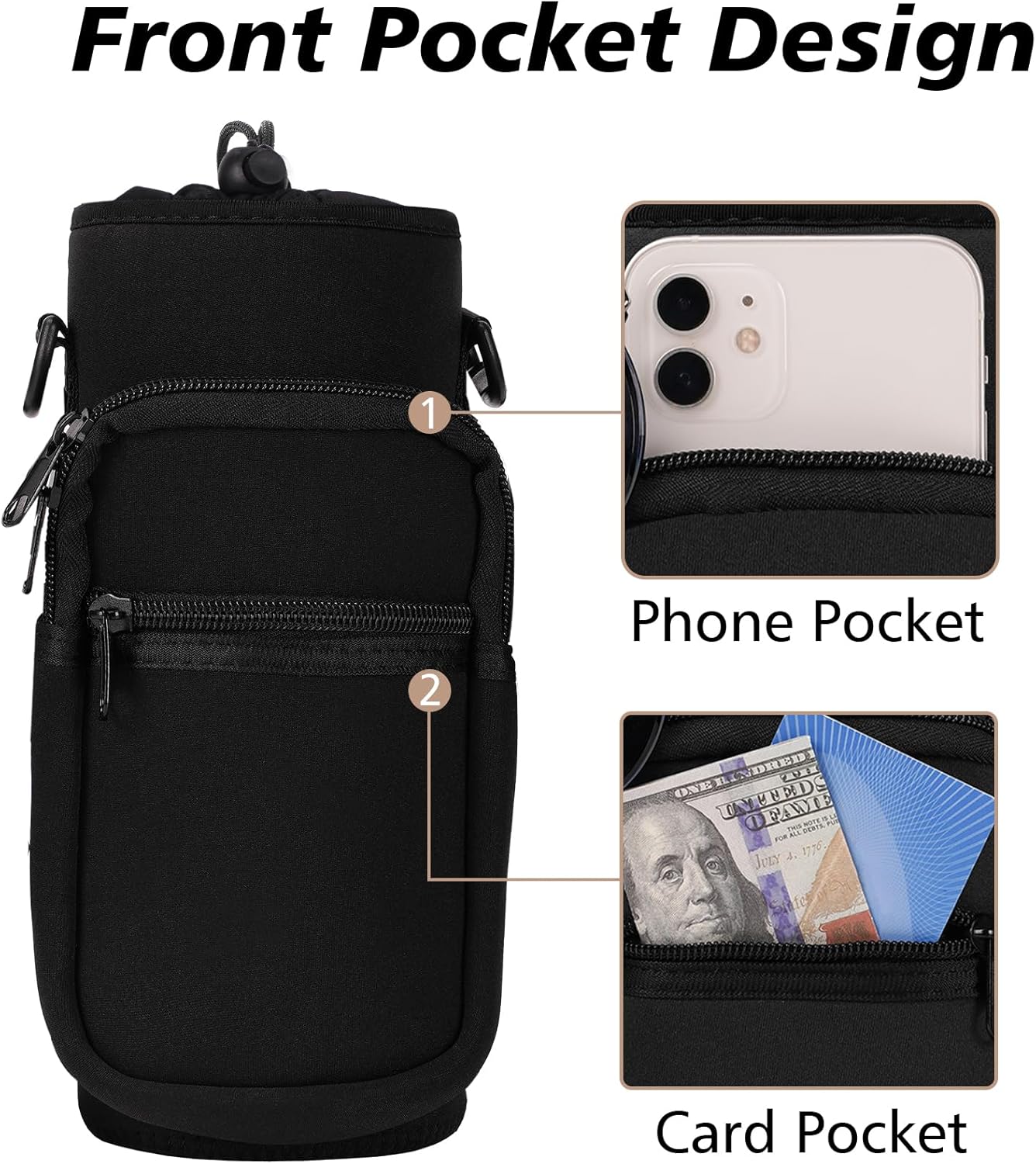 32 40 oz Water Bottle Carrier with Strap, Neoprene Water Bottle Sleeve Bag with 2 Pockets Insulated Flask Sling Holder for Walking Hiking Gym