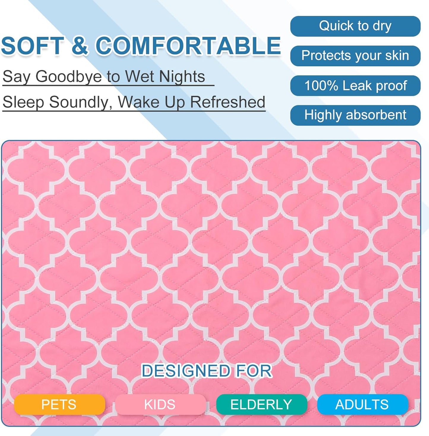 OUTCREATOR® Washable Bed Pads 34" x 56" (Pack of 2), Incontinence Mattress Protector, Anti-Slip Waterproof Underpads for Adults Kids Elderly Pets, Absorbency & Reusable Bedwetting Pads (Pink)