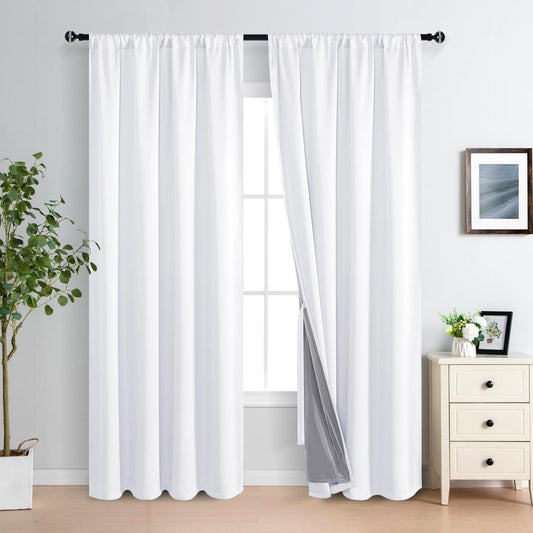 XWZO Total Blackout Curtains 84 Inches Long - Double Layer Full Room Darkening & Energy Efficiency Rod Pocket Extra Wide Window Panels with Tiebacks, White, W60 x L84, Set of 2