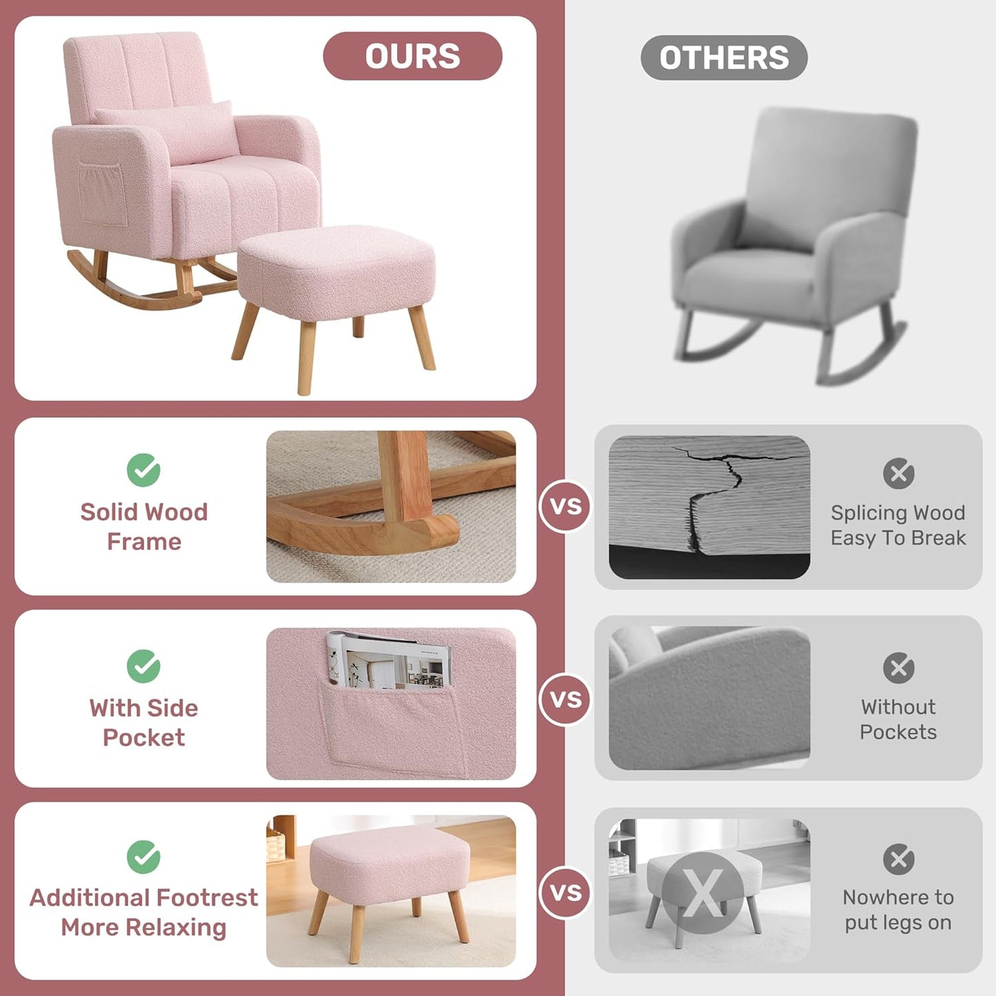 Rocking Chair with Ottoman, Upholstered Nursing Glider Rocker with High Backrest and Side Pocket, Comfy Reading Chair with Solid Wood Legs for Nursery/Living Room/Bedroom Pink