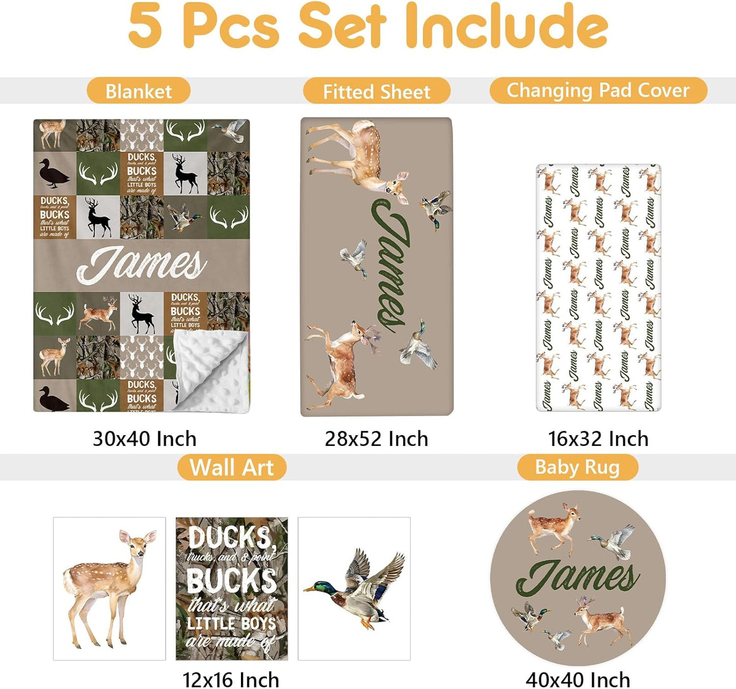 Custom Baby Crib Bedding Set, 5 Pcs Personalized Name Baby Crib Sets for Infant Toddler, Green Woodland Deer Nursery Bedding Set for Boys Girls, Double Layer Baby Bedding Sets Customized Gifts