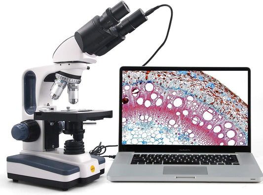 Swift Binocular Compound Microscope SW350B, 40X-2500X Magnification,Siedentopf Head,Research-Grade,Two-Layer Mechanical Stage,1.3mp Camera and Software Windows and Mac Compatible