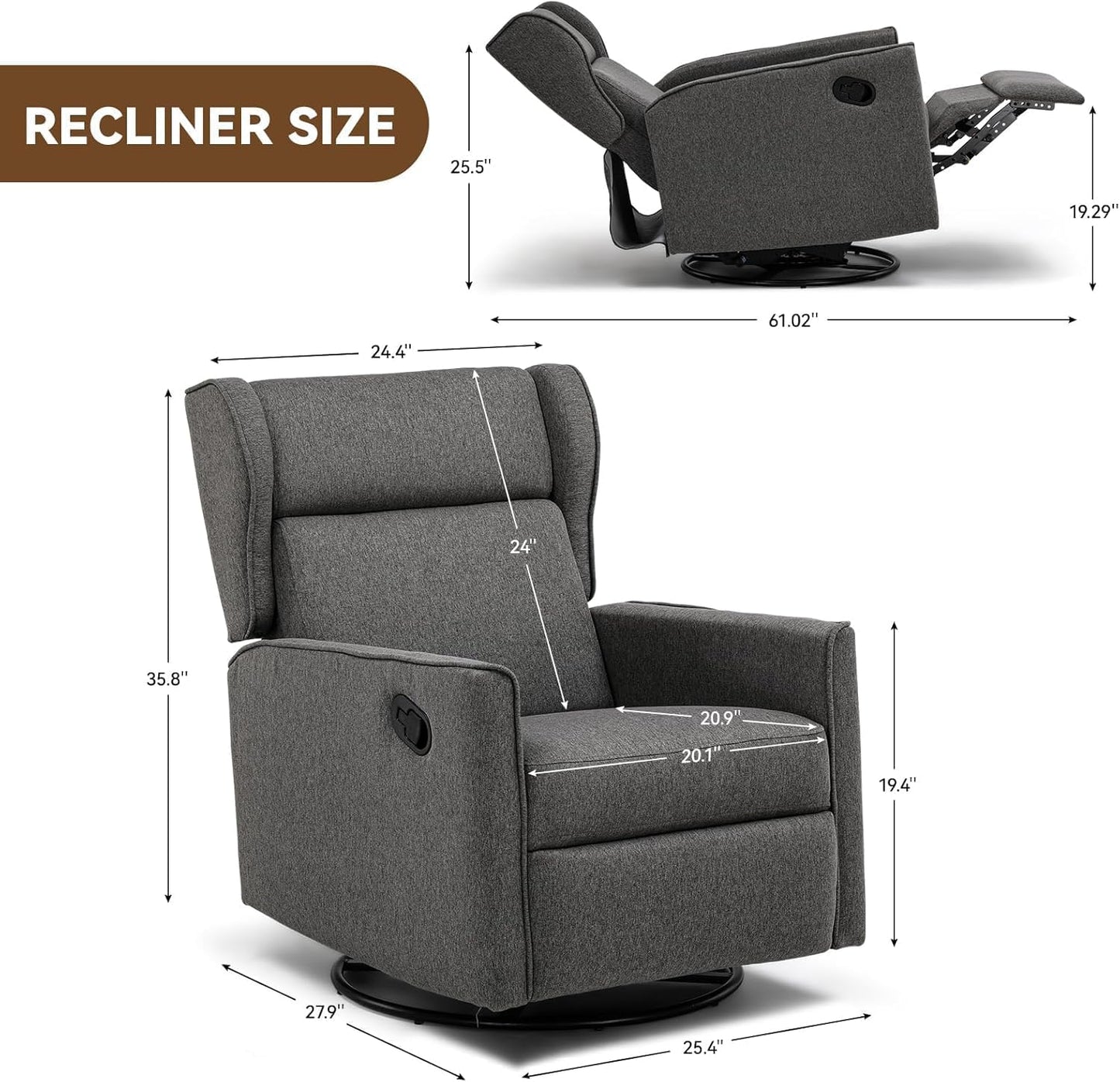 COMHOMA Rocking Recliner Chair,Swivel Glider Reclining Single Sofa Manual Rocker Recliners,Nursery Rocking Chairs with Upholstered Seating for Living Room Office(Gray)