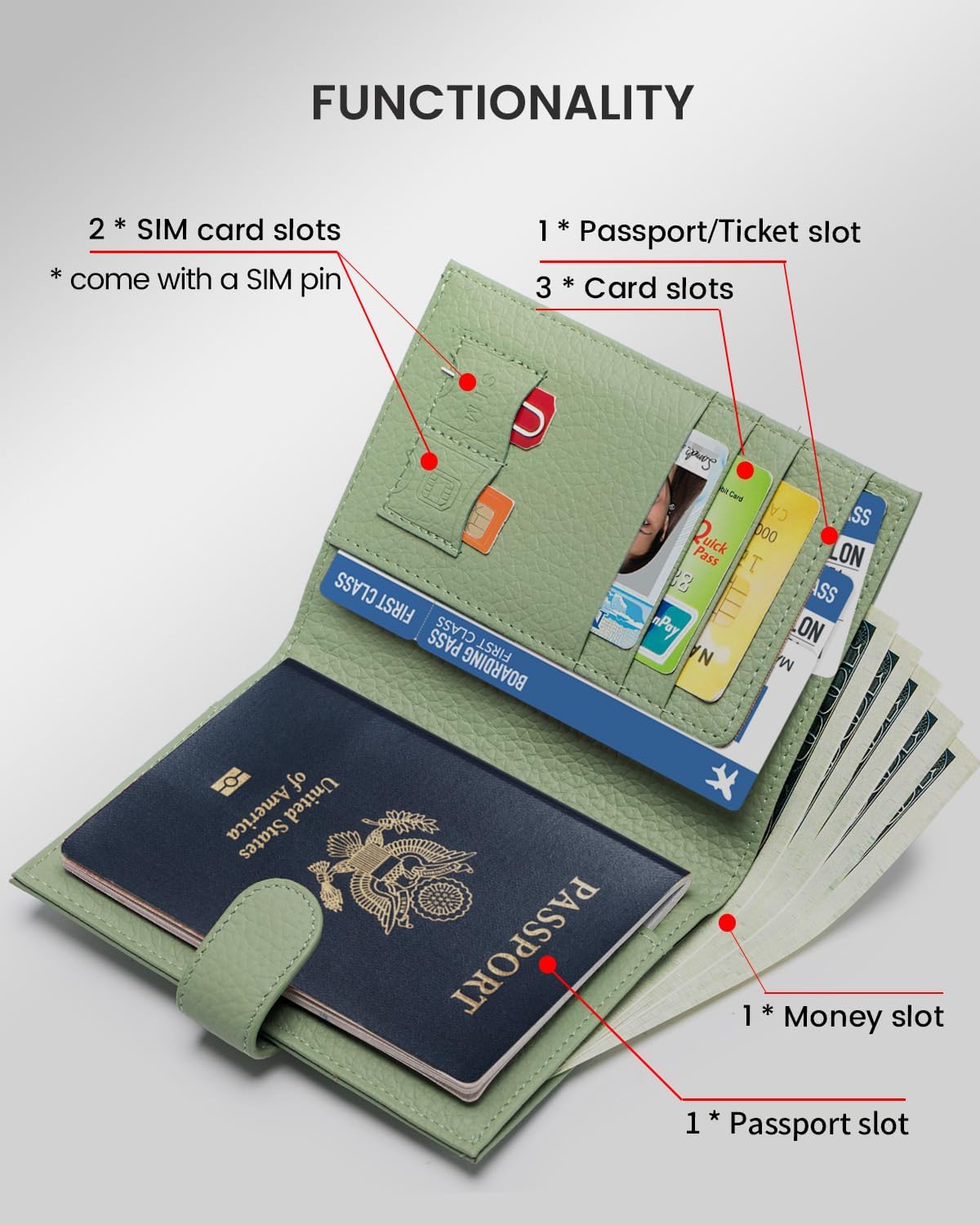 RFID Slim Passport Holder for Women, Compact Leather Passport Wallet with Card Holders SIM Slots,Zippered Coins Pocket and Cash Compartment Travel Passport Cover Case, Light Green