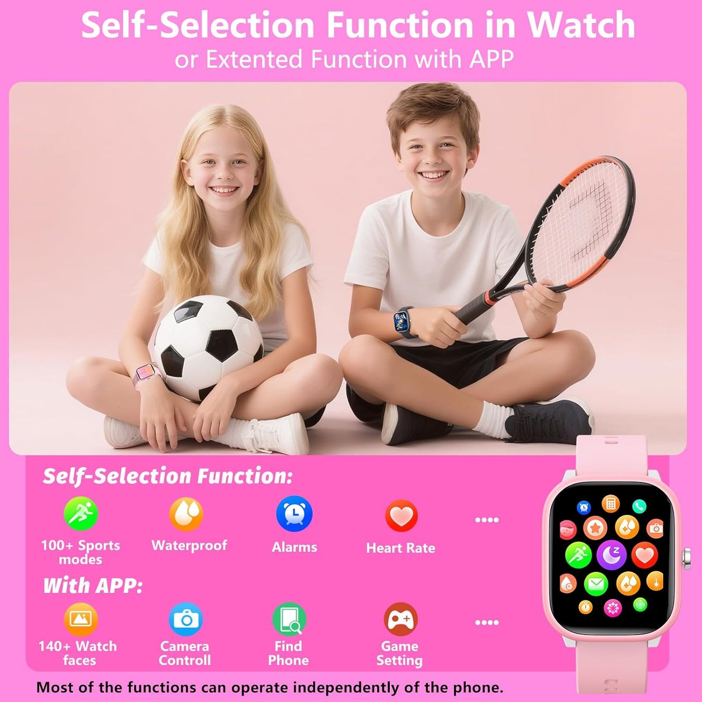 Kids Wach for Girls Boys 6-15 Year Old - Smart Watch for Kids 1.8" Fitness Tracker,No Phone Needed,Pedometer Sleep Monitor Heart Rate Waterproof,Puzzle Game for Girls Boys Teens Birthday Gift (Pink)